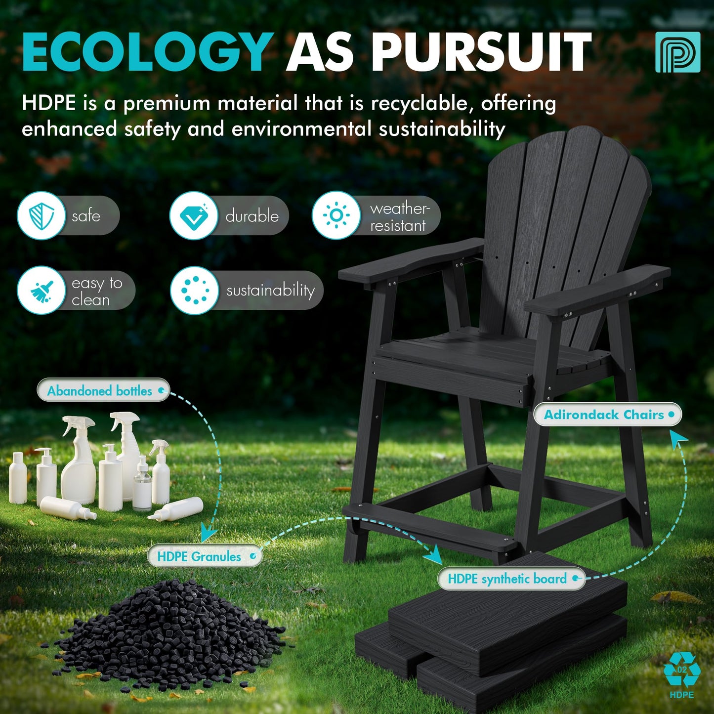 PatioPerk Tall Adirondack Chair Set of 2 with Double Connecting Tray, Recycled HDPE with Wood Grain, Weather Resistant, Outdoor Adirondack Chairs for Deck, Balcony, Patio, Backyard, Black