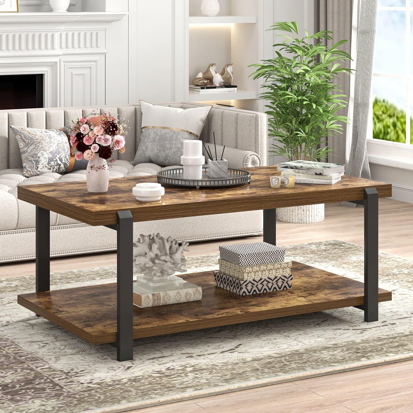 FOLUBAN Modern Coffee Table, Rustic Wood Center Table with Storage for Living Room, Industrial Rectangle 2 Tier Low Cocktail Tea Table, Rustic Brown
