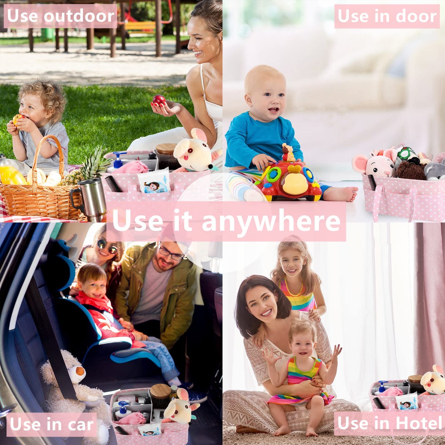 Pink Diaper Caddy Organizer for Baby Girl-Large Portable Diaper Caddy Basket for Changing Table-Diaper Organizer Caddy-Car Travel Tote Bag-Newborn Registry Baby Shower Basket for Diapers & Wipes