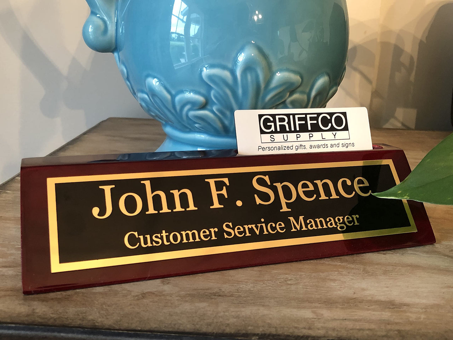 Name Plate for Desk Engraved in USA by Griffco Supply | Desk Name Plate Personalized Engraved with Business Card Holder