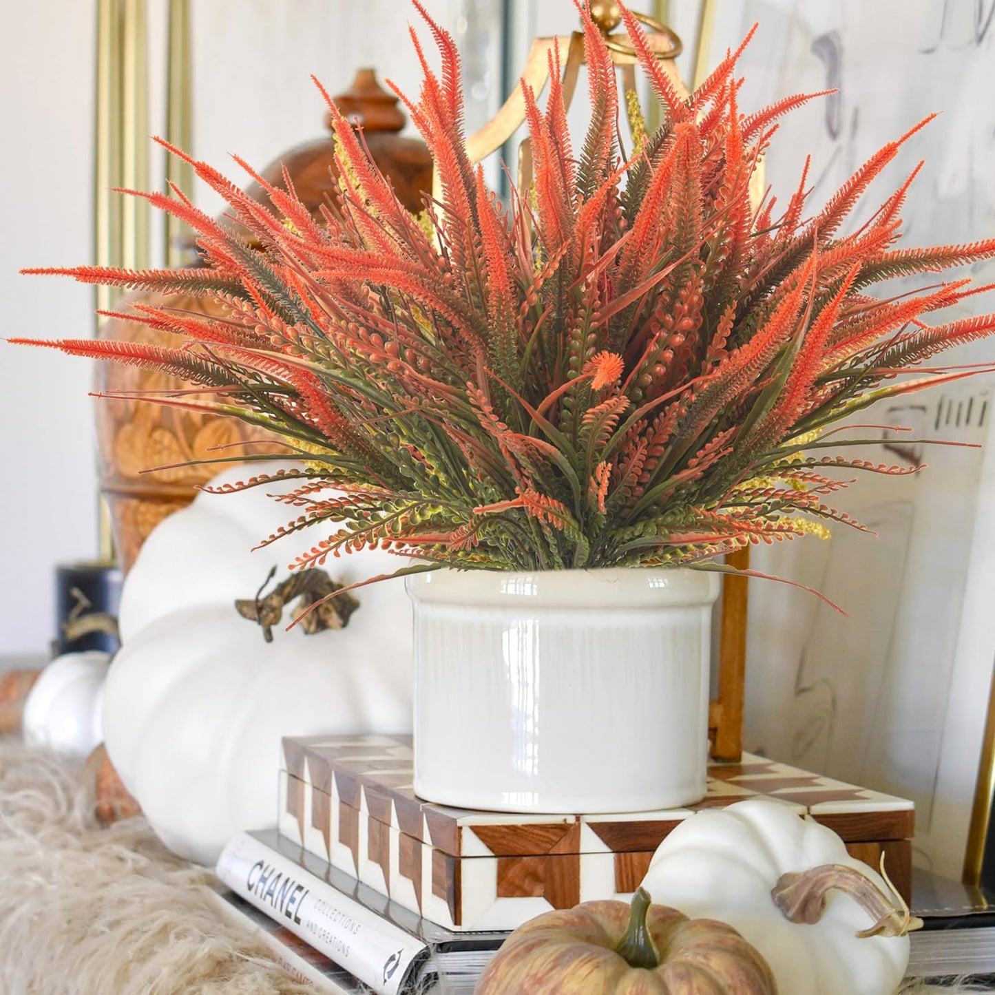 Grunyia 10 Bundles Artificial Fall Flowers for Outdoors Fake Plants UV Resistant Plastic Plants Shrubs Bushes for Home Fall Front Door Porch Garden Autumn Decor (Fall Red)