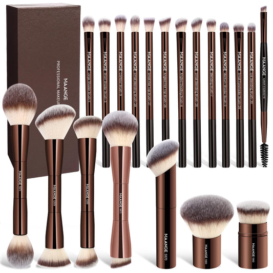 MAANGE 20 Pcs Makeup Brushes with Gift Box, Double-End Multi-functional Makeup Brushes for Blending Liquid Powder Concealer Cream Blush Buffe,CoffeeBrown