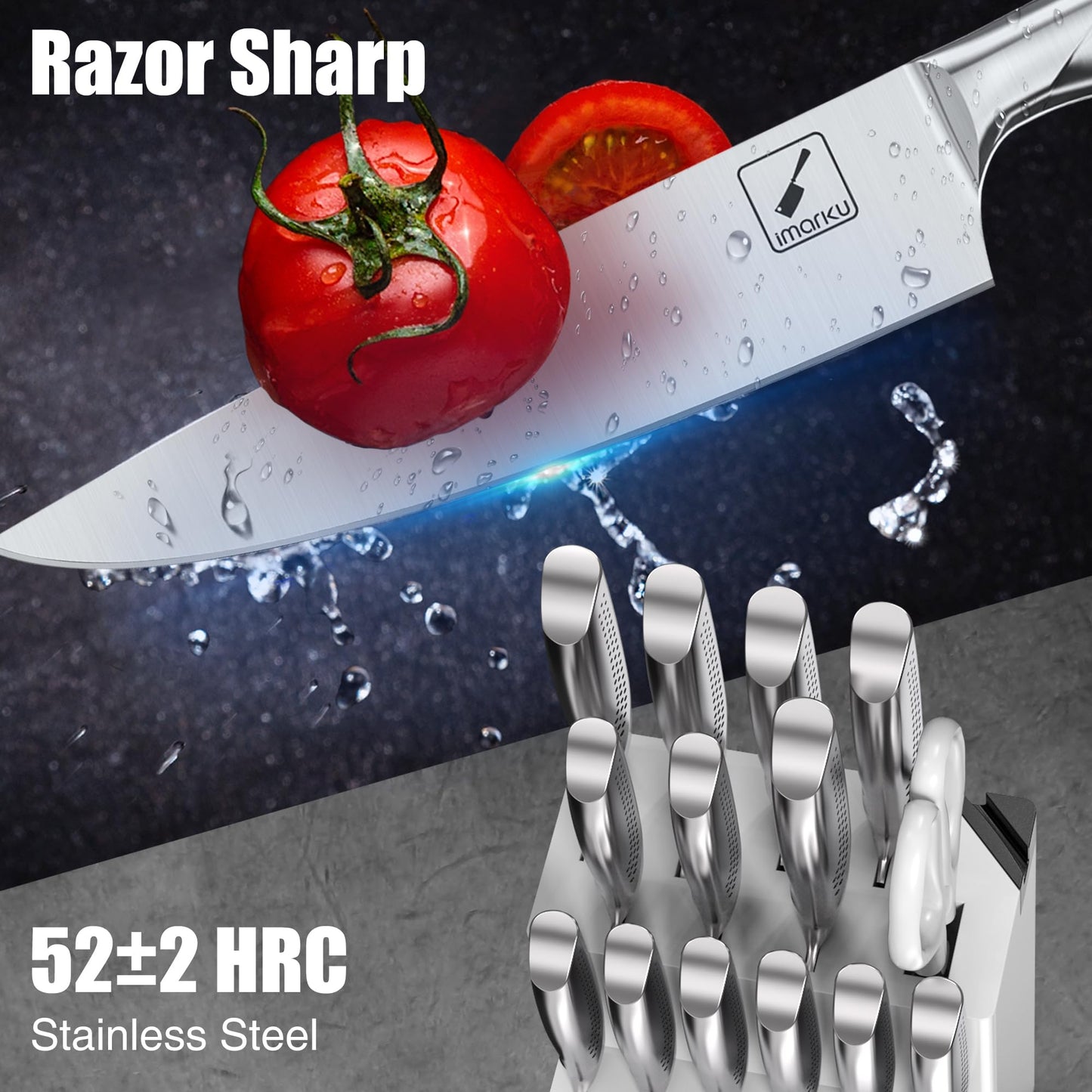 imarku Knife Set, Japanese HC Stainless Steel 15 PCS Kitchen Knife Set With Block With Built-in Sharpener, Razor-Sharp Blade Knife Block Set With Dotted Ergomomic Handle, Best Birthday Gifts, White