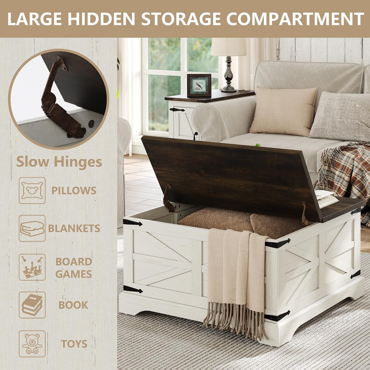 Furnideco Farmhouse Lift Top Coffee Table, Square Wood Center Table with Large Hidden Storage Compartment for Living Room, Rustic Cocktail White Modern Table with Hinged Lift Top, Brown Top