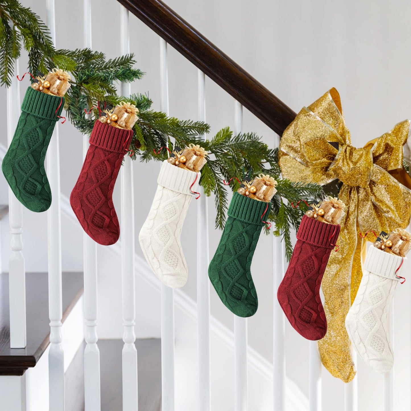 VIBILIA Christmas Stockings 6 Pack, 18 Inches Large Size Knitted Xmas Stocking for Fireplace, Holiday Party Decorations (Green White Red)