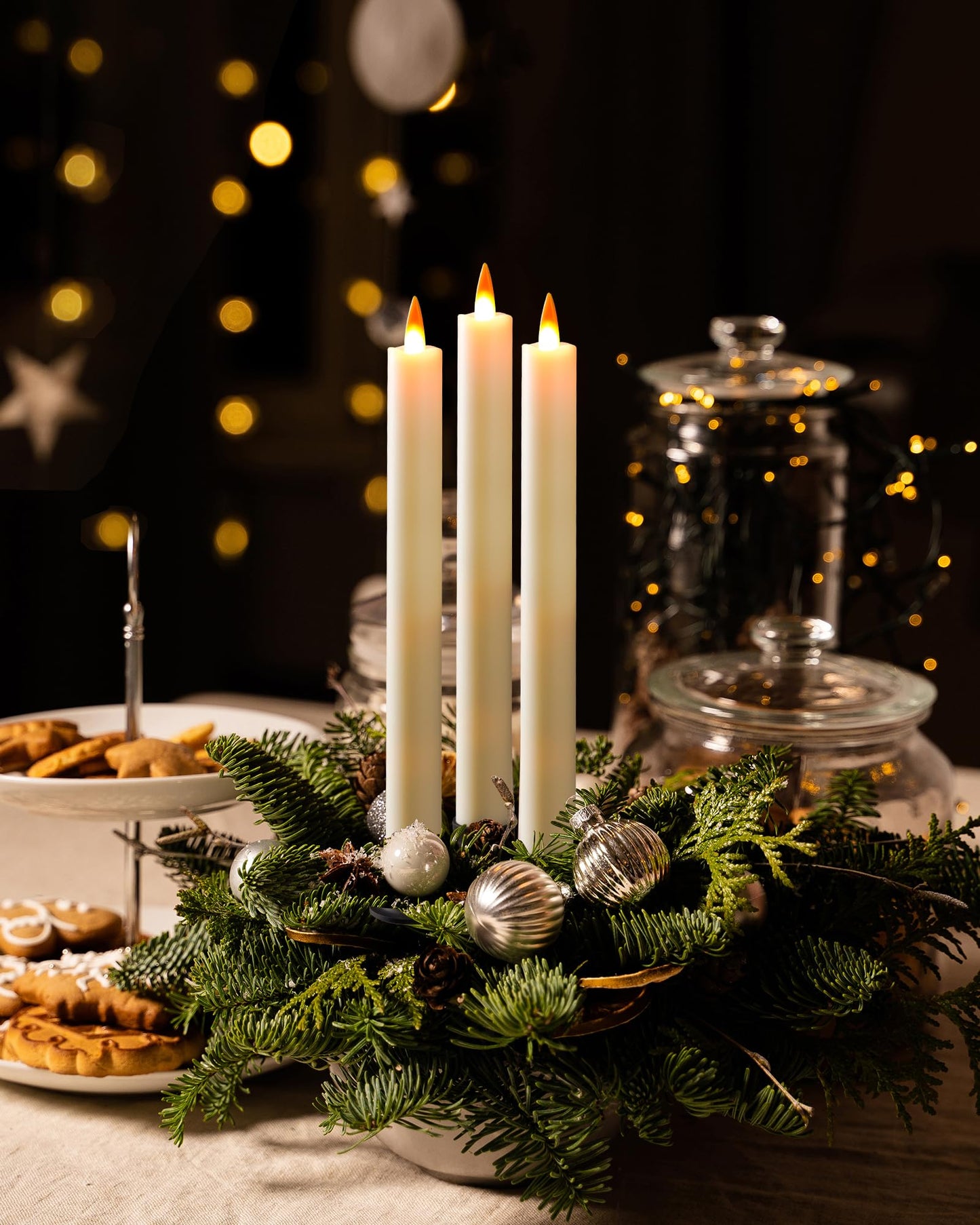 Da by 3 LED Flameless Table Candles with Remote Timer, 9.6 Inch Ivory Candle Holder, Battery Powered 3D Flickering False Flame Window Candle, Free 3 Black Bases