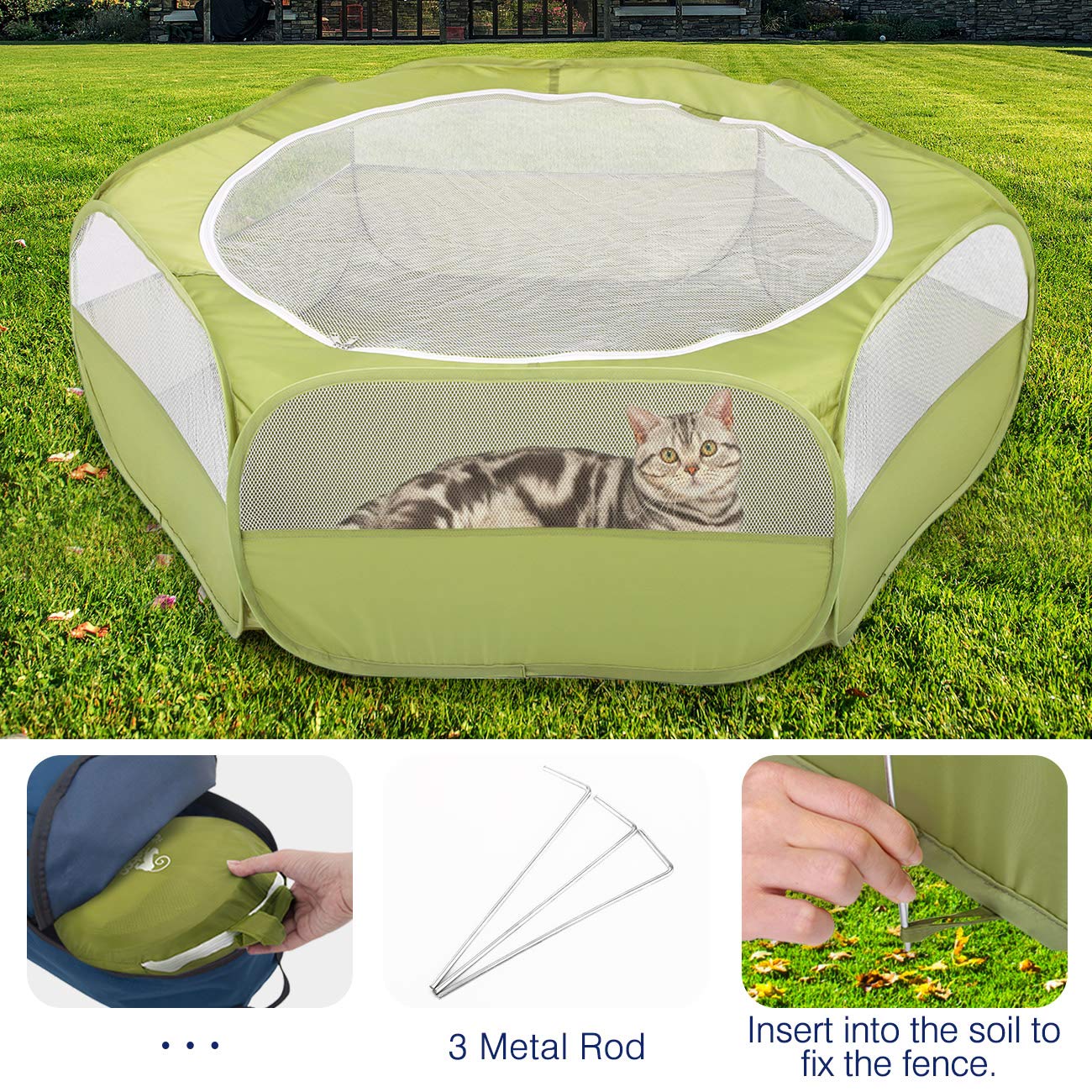 Pawaboo Small Animals Playpen, Waterproof Small Pet Cage Tent with Zippered Cover, Portable Outdoor Yard Fence with 3 Metal Rod for Chick/Kitten/Puppy/Guinea Pig/Rabbits/Hamster/Chinchillas,Green