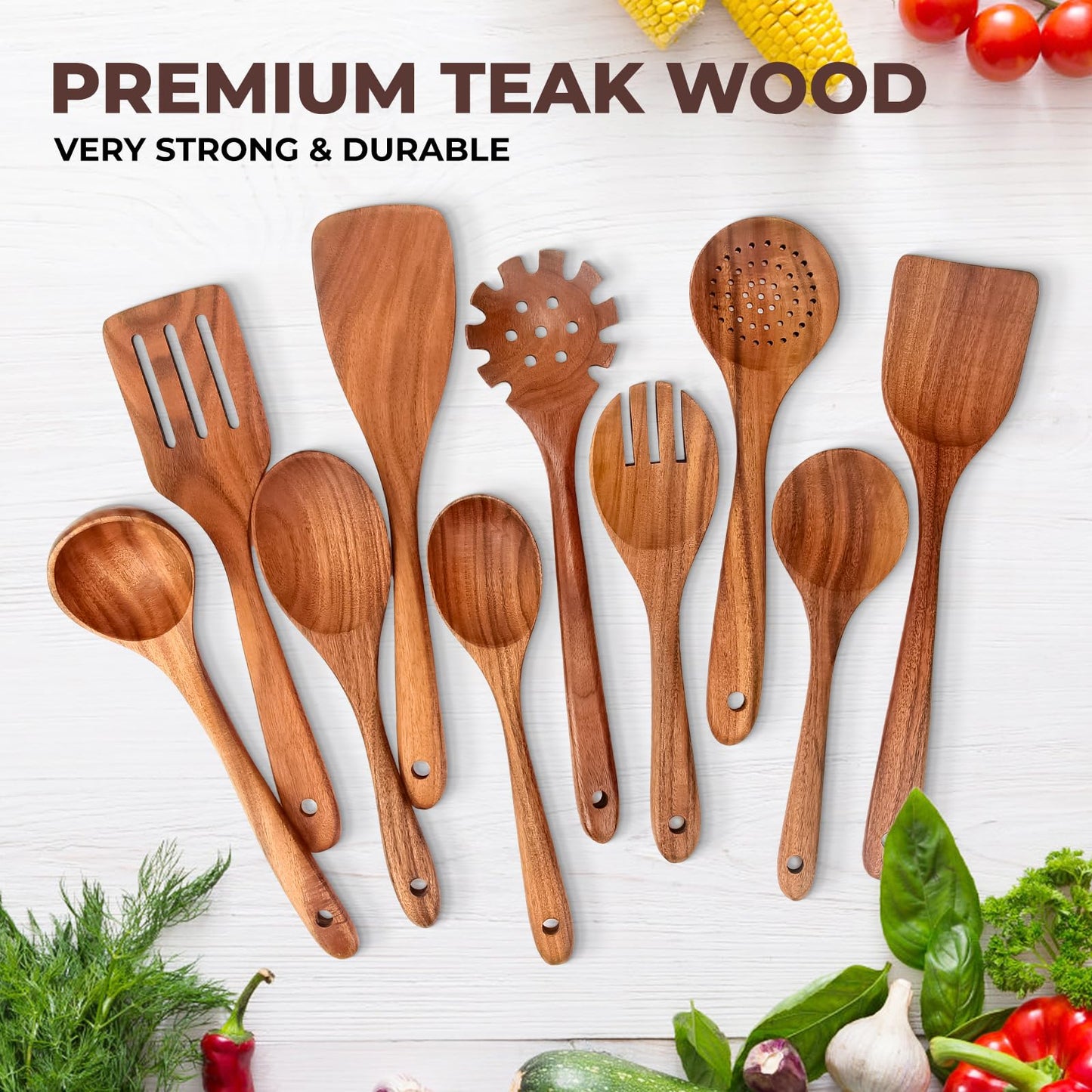 AIUHI Wooden Kitchen Utensils Set, No Scratch Wood Spatula and Spoon Set, Teak Wood Cooking Utensils Set for Kitchen Essential Tools 10 Pieces