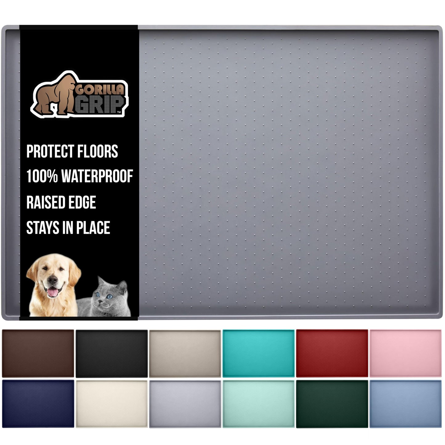GORILLA GRIP 100% Waterproof Raised Edge BPA Free Silicone Pet Feeding Mat, Dog Cat Food Mats Contain Spills Protects Floors, Placemats for Cats and Dogs Water Bowl, Pets Accessories 18.5x11.5 Gray