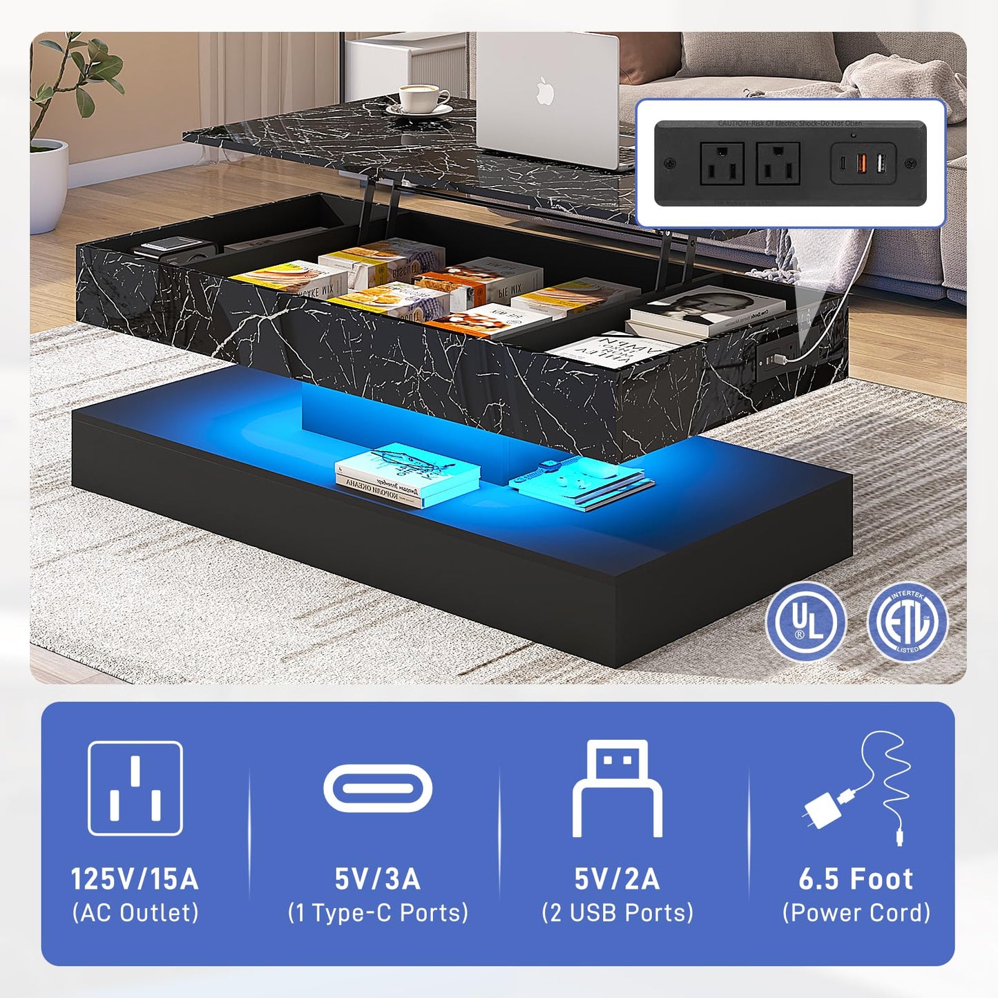chartustriable 47.2" Large Lift Top Coffee Table with Charging Station, LED Modern High Glossy Center Table with Hidden Compartment Storage, White Lift Living Room Tables with Marbling Print, Black