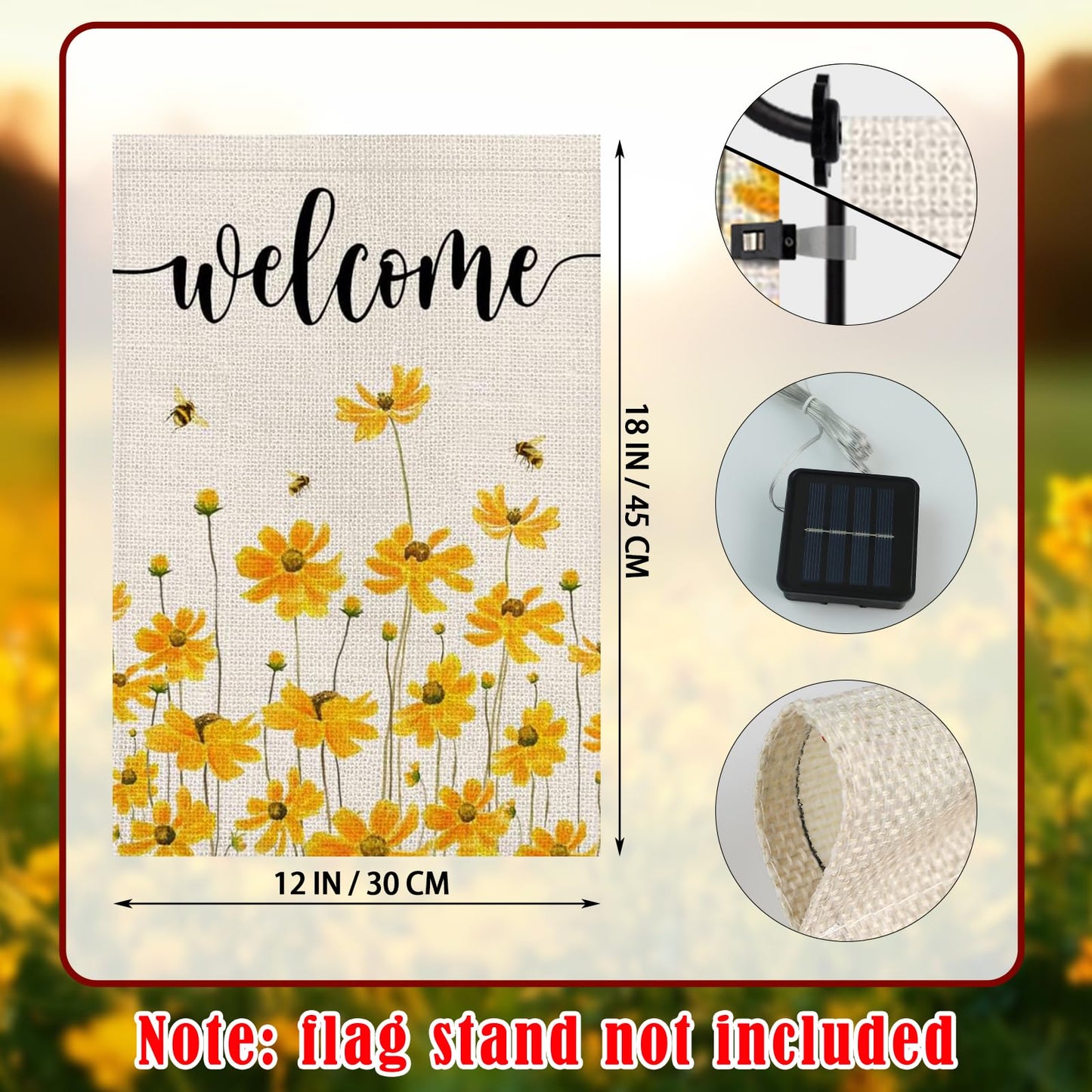 Lighted Spring Summer Floral Welcome Garden Flag, 12 x 18 Inch Double Sided Vertical Burlap Sunflower Bee Led Garden Flag for Seasonal Holiday Outdoor Yard Decoration