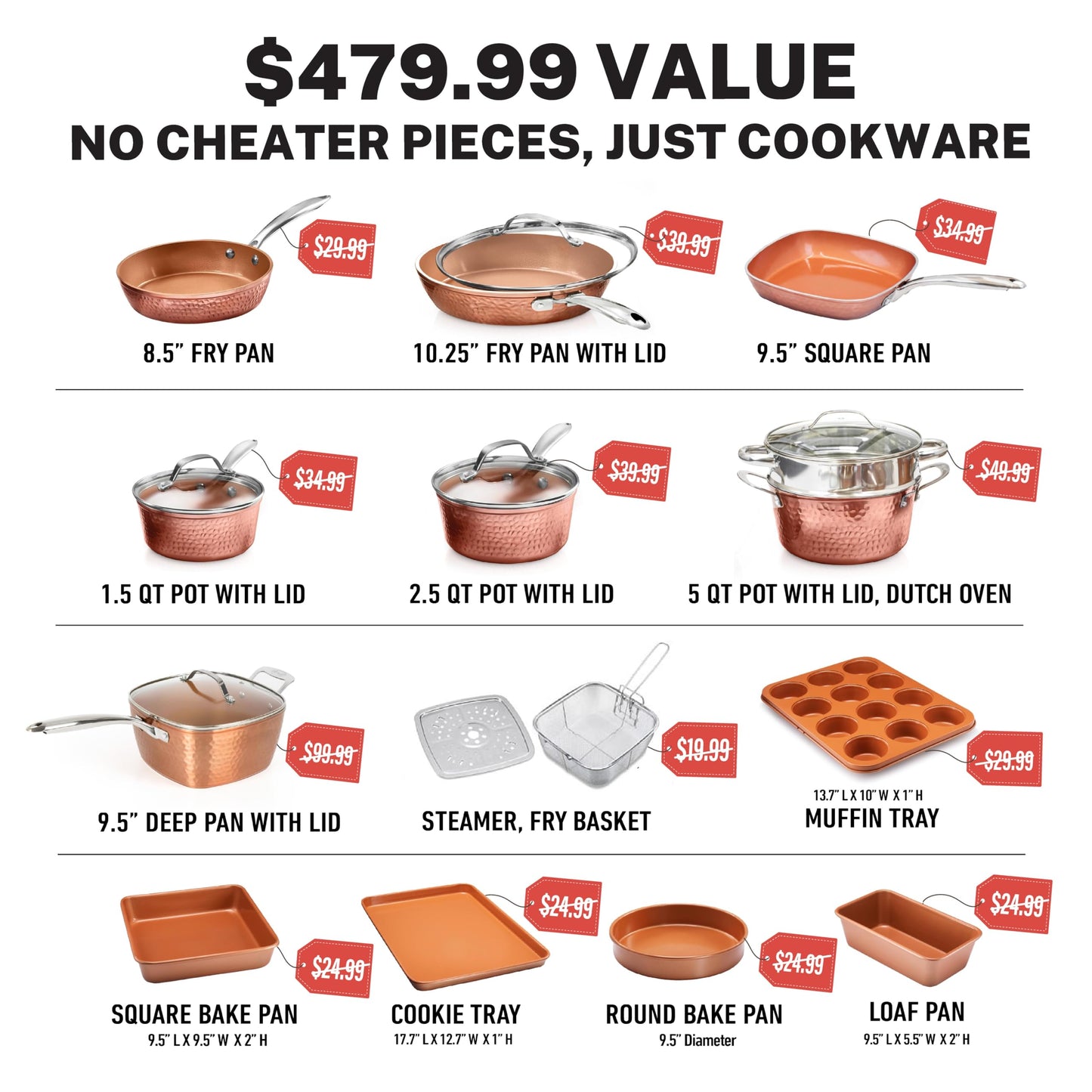 Gotham Steel Hammered 20 Pc Ceramic Cookware Set Nonstick, True Ceramic Pots and Pans Set Non Stick with Deep Square Pan Set & Bakeware Set, Non Toxic PFOA PFOS Free, Oven & Dishwasher Safe