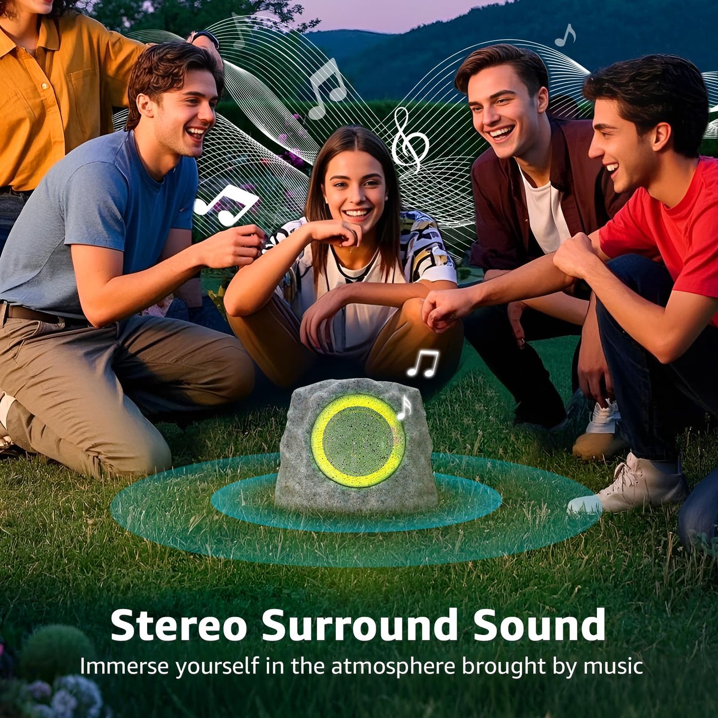 GGII 2-Pack Solar Powered Rock Speakers Outdoor Water-Resistant with 3 Mode Lights and Pair Function USB Rechargeable for Patio Garden Party Pool Outside(Two A)