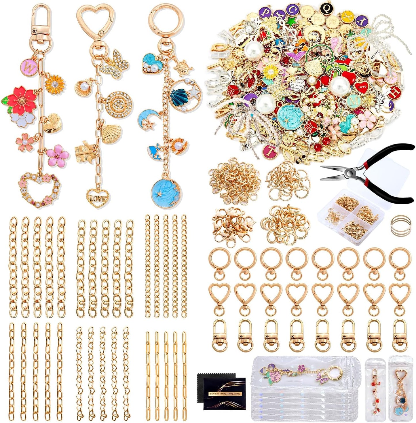 Wurosi 544Pcs Keychain Making Kit with Charms, Including 24 Keychains Clips 30 Extender Chain 198 Charm Jewelry Plier, DIY Keychains Kit, for Keychain Making Supplies DIY Crafts