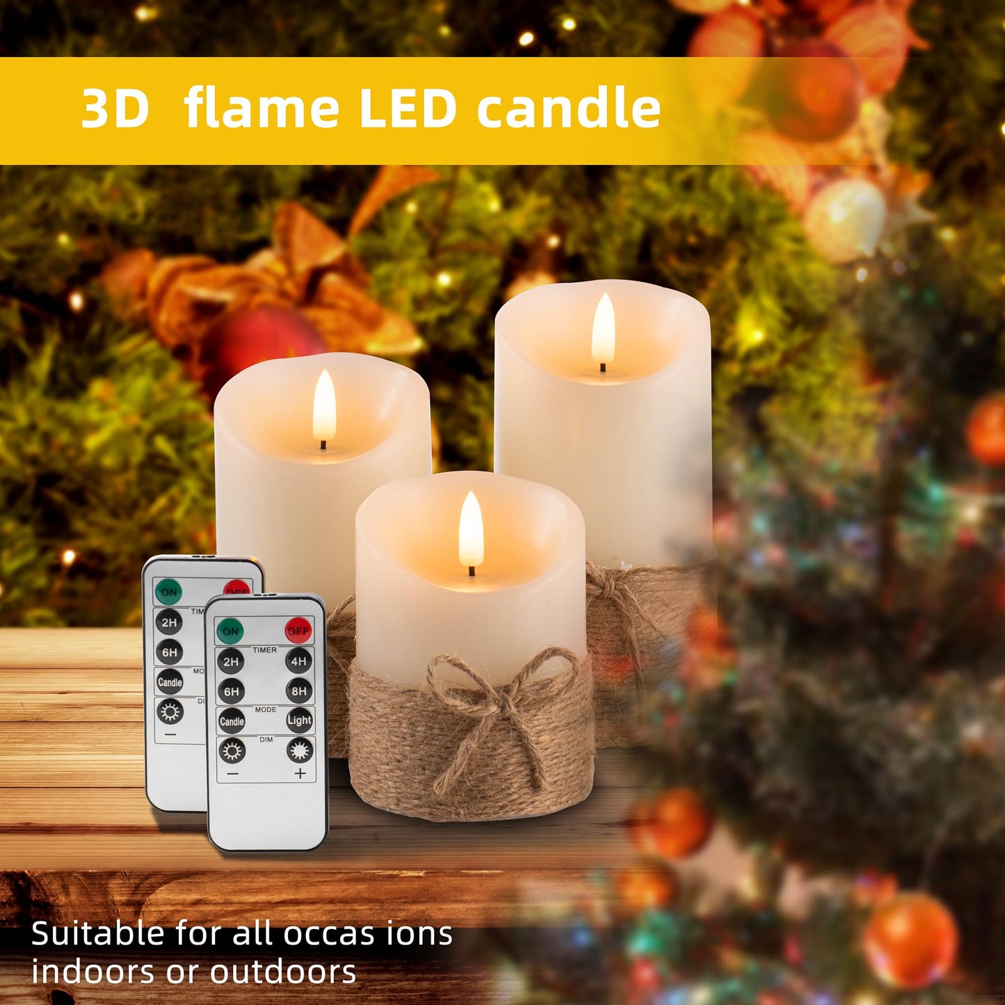 AKU TONPA Flameless Candles Battery Operated Pillar Real Wax Electric LED Candle Gift Set with Remote Control and Timer, 4" 5" 6" Pack of 3 (Ivory Wax with Hemp Rope)