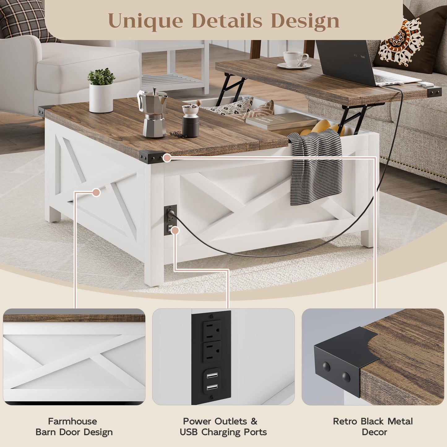 MU Lift Top Coffee Table, Square Coffee Table with Hidden Storage, Farmhouse Wood Table with Charging Station and Barn Door for Living Room, White