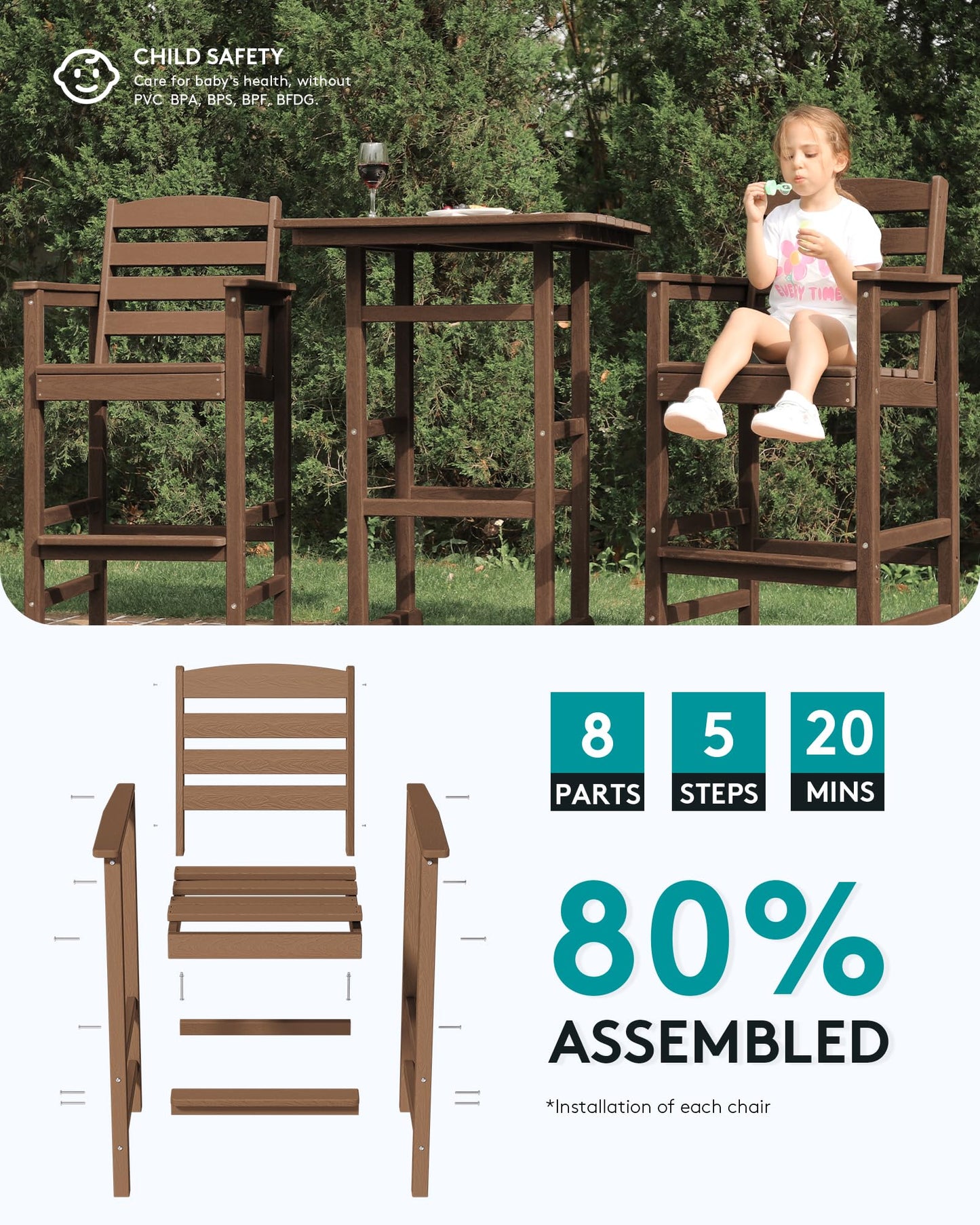 SERWALL Tall Adirondack Chairs Set of 2, Balcony Adirondack Chairs Set, Outdoor Bar Height Barstools Chair Set for Bistro, Poolside, Garden, Brown