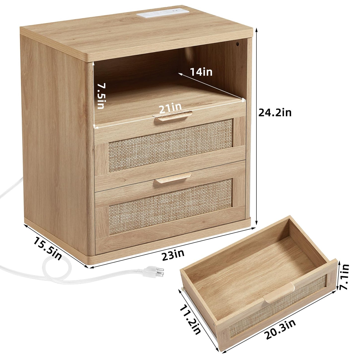 LEYAOYAO Rattan Night Stand with Charger Station, 23" Wide Boho Nightstand with 2 Drawers, Natural Wood Bedside Table Open Storage Cabinet, Bed Side End Tables Dresser for Bedroom, Living Room Hallway