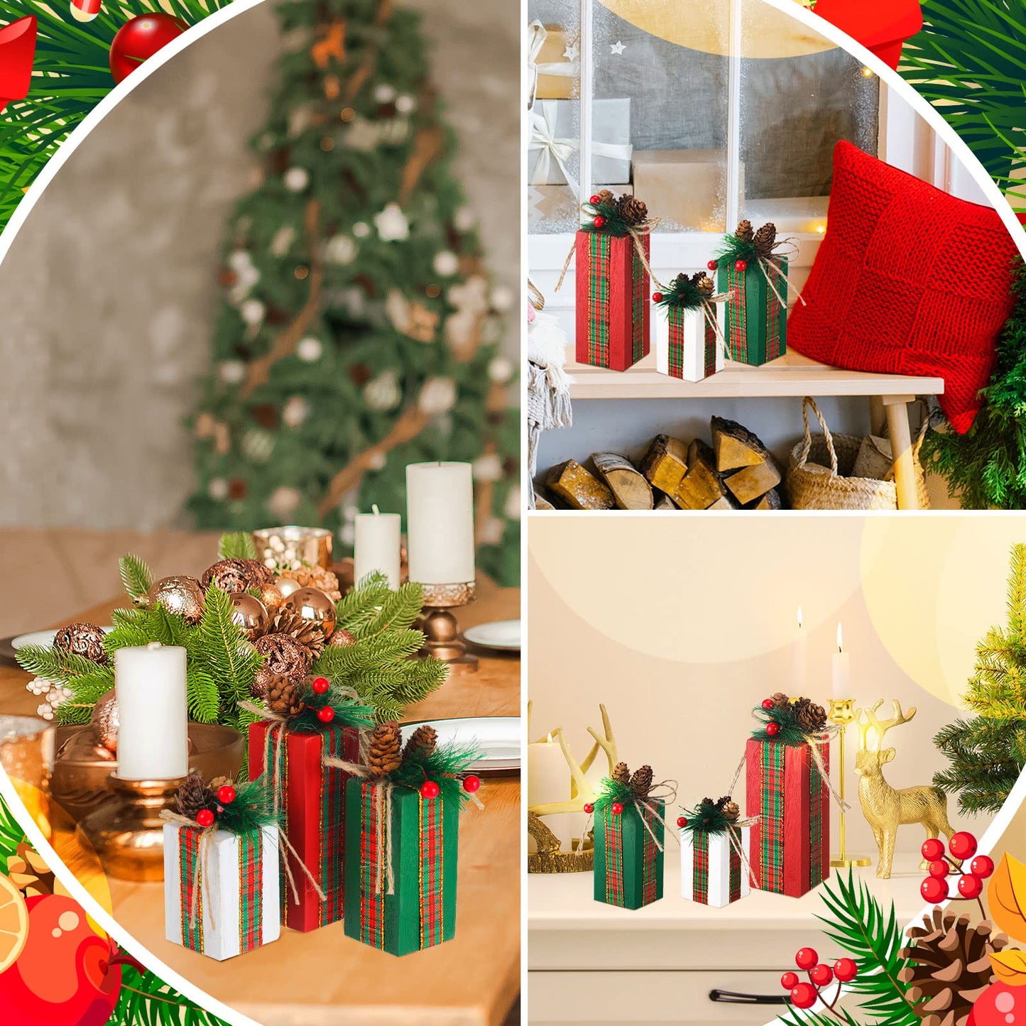 Glenmal 3 Pcs Christmas Table Centerpieces Christmas Table Decor Faux Present Wooden Blocks with Buffalo Plaid Bowknot Rustic Decoration for Holiday Xmas Tree Tiered Tray(White, Green and Red)