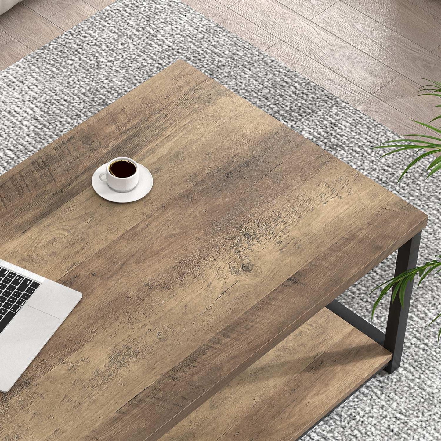 FOLUBAN Modern Coffee Table, Living Room Center Table with Storage, Wood and Metal Cocktail Table, Rustic Oak, 47 Inch