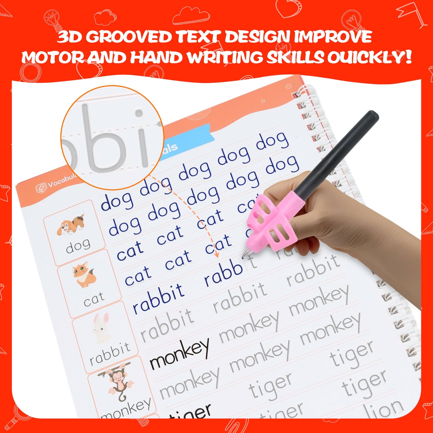 Magic Grooved Writing Practice for Kids Ages 3-8, Reusable Grooved Handwriting Workbooks, Large Writing Practice Books, Kindergarten Workbooks 10.24 * 7.29in(7 Books+Pens)