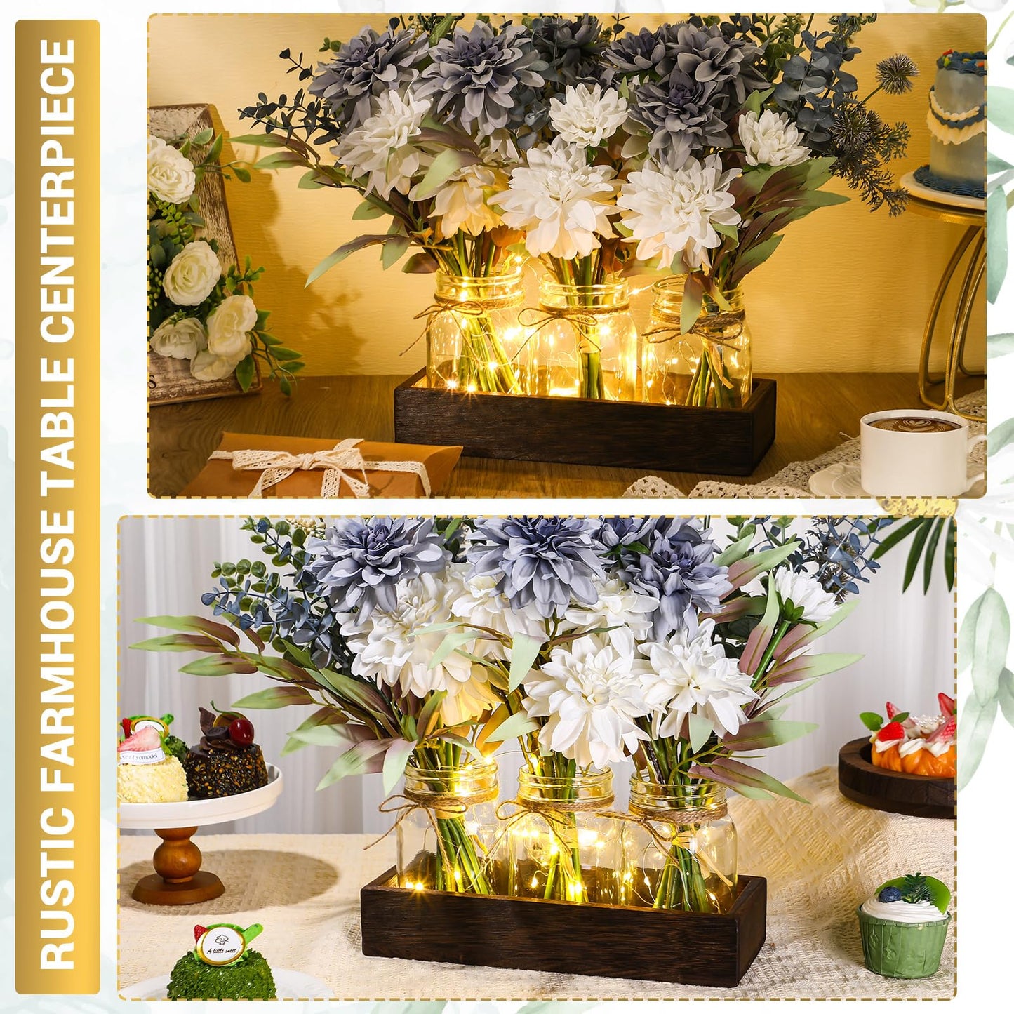 Baderke 3 Pcs Mason Jar Centerpiece Table Decorations, Fake Flowers Artificial Blue Flowers, Rustic Spring Centerpieces Decor with Wood Tray and Light, Table Decorations for Home Kitchen Living Room