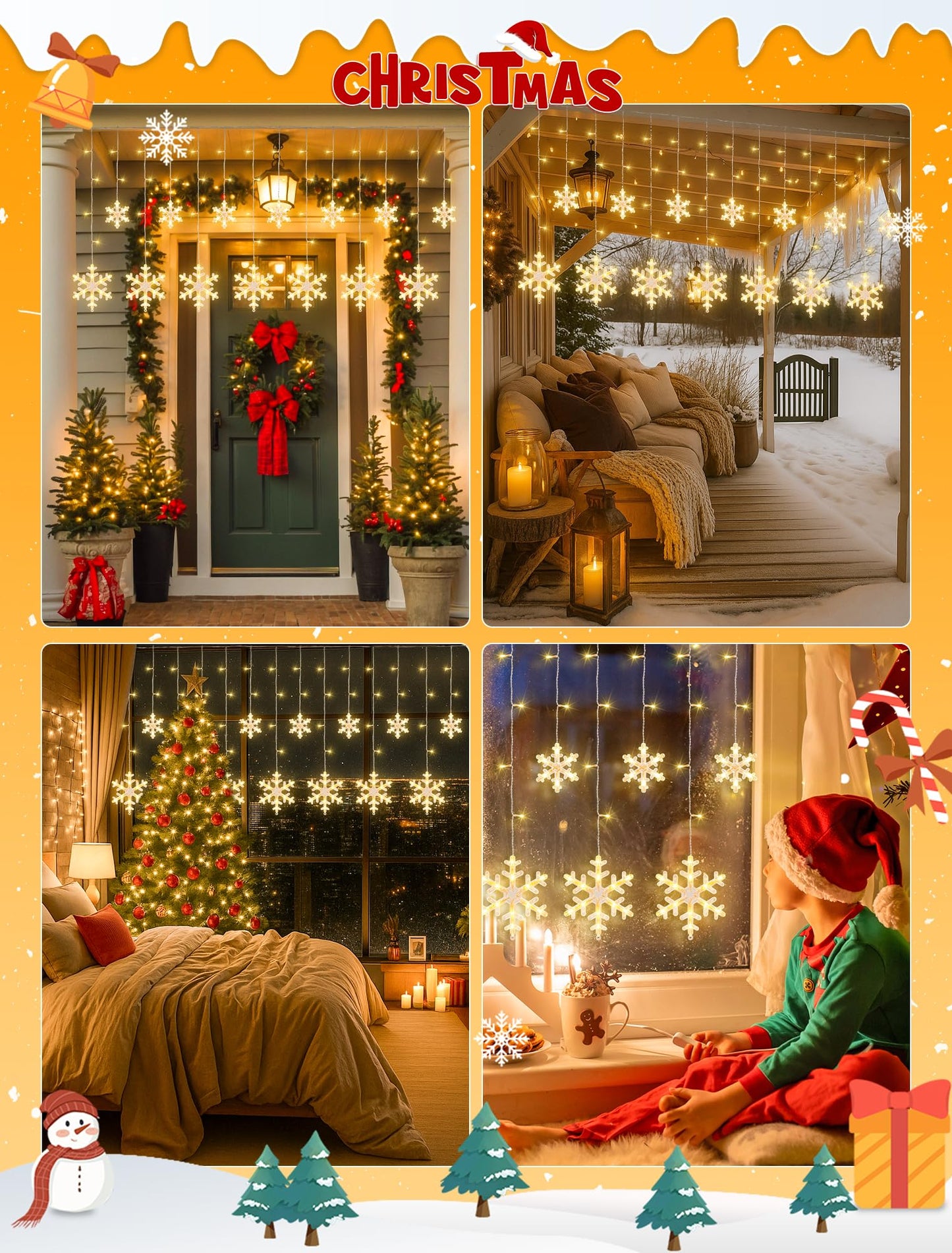 Qunlight Christmas Snowflake Lights,6.5ft 144LED Window Icicle Lights with 12 Drops,8 Modes Timer Connectable Curtain Light Plug in for Bedroom,Eaves,Wedding,Indoor Outdoor Xmas Decor,Warm White