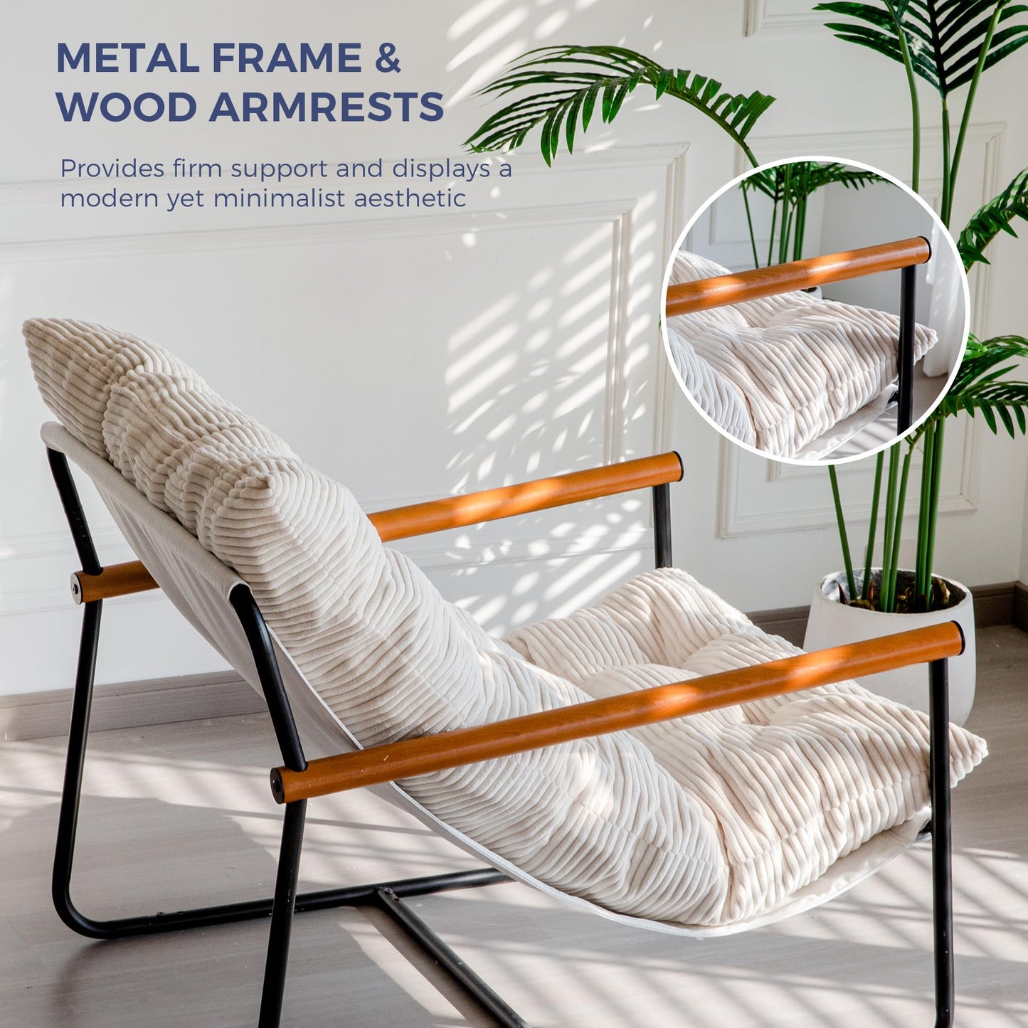 MAXYOYO Modern Accent Chair, Comfy Living Room Chair with Metal Frame Wooden Armrest, Upholstered Armchair with Soft Cushion for Bedroom Balcony Lounge Reading Room, Beige