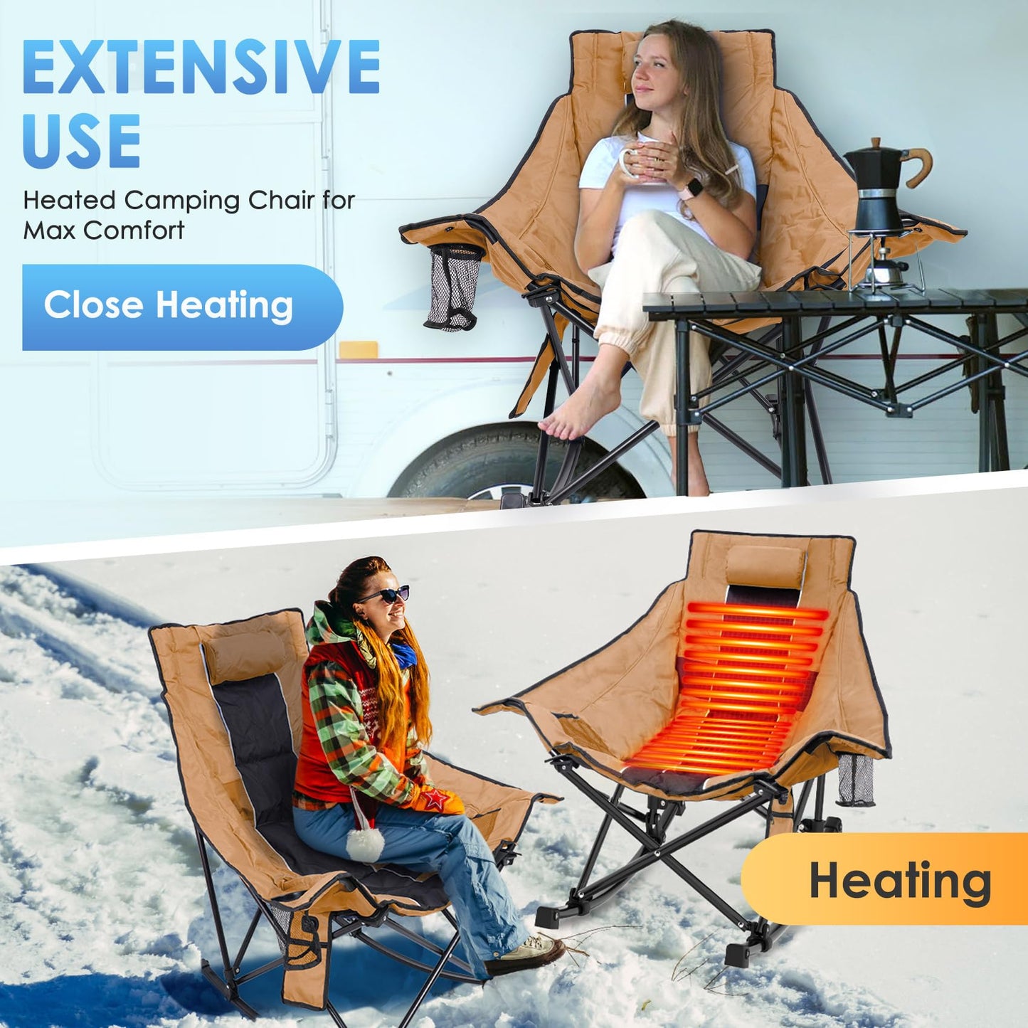 Suteck Heated Rocking Camping Chair, XL Oversized Rocking Chair Outdoor with 3 Heat Levels for Back and Seat, Heated Chairs Outdoor Sports W/20,000mAh Power Bank for Patio Lawn Picnic Travel