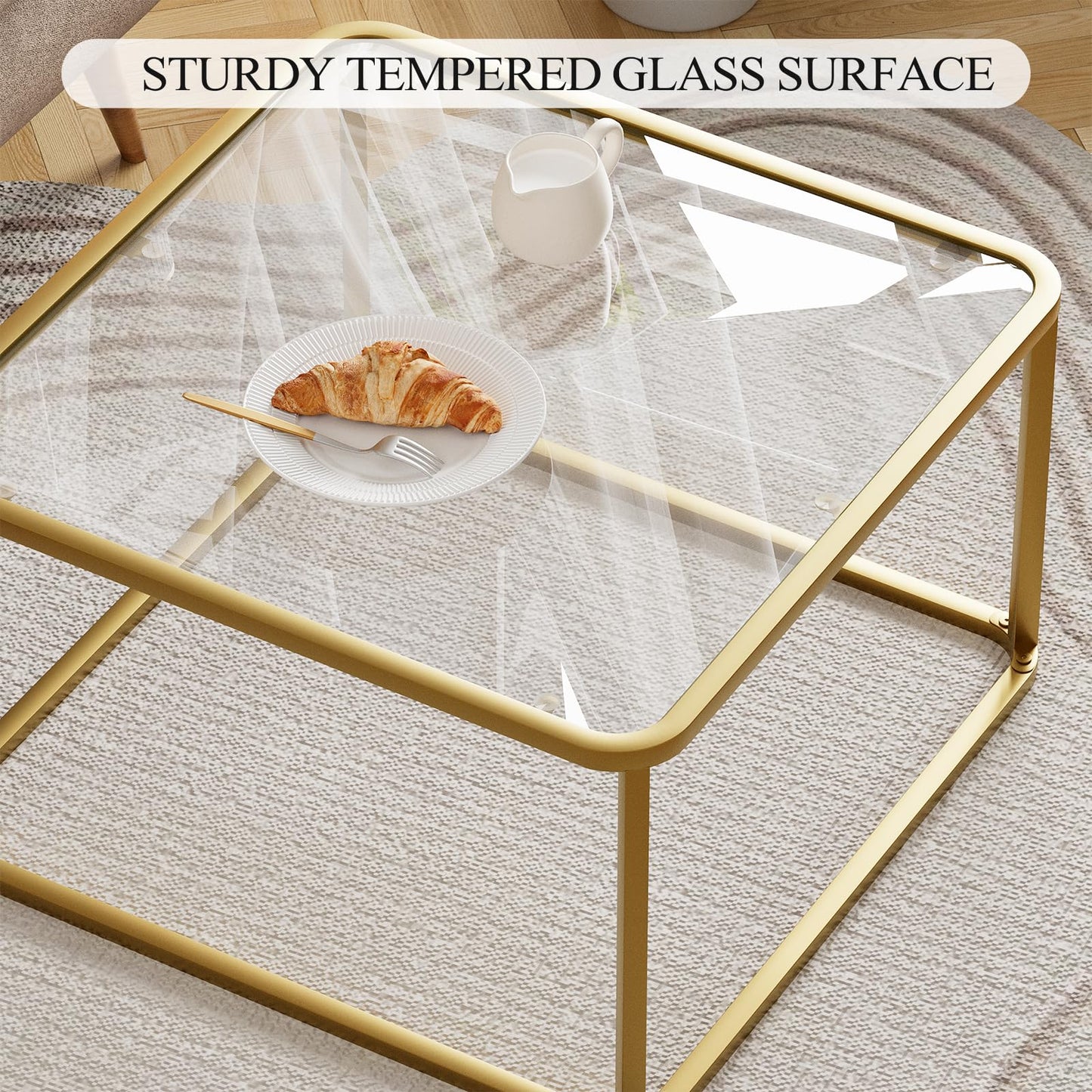 Coffee Table Glass, Minimalist Square Tables for Living Room, Modern Center Table for Office or Small Space, Tempered Glass, Sturdy Metal Frame, Easy Assembly, 26.4 x 26.4 x 15.7 Inches, Gold