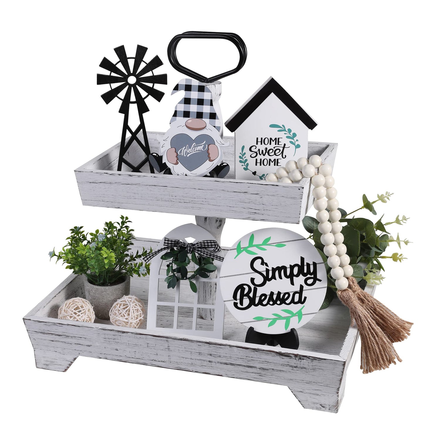 Eufrozy 11pcs Farmhouse Tiered Tray Decor Set, Rustic Tier Tray Decorations with Black and White Buffalo Plaid Gnome Ornaments Wooden Home Sweet Home Sign for Kitchen Table Decor Summer Housewarming