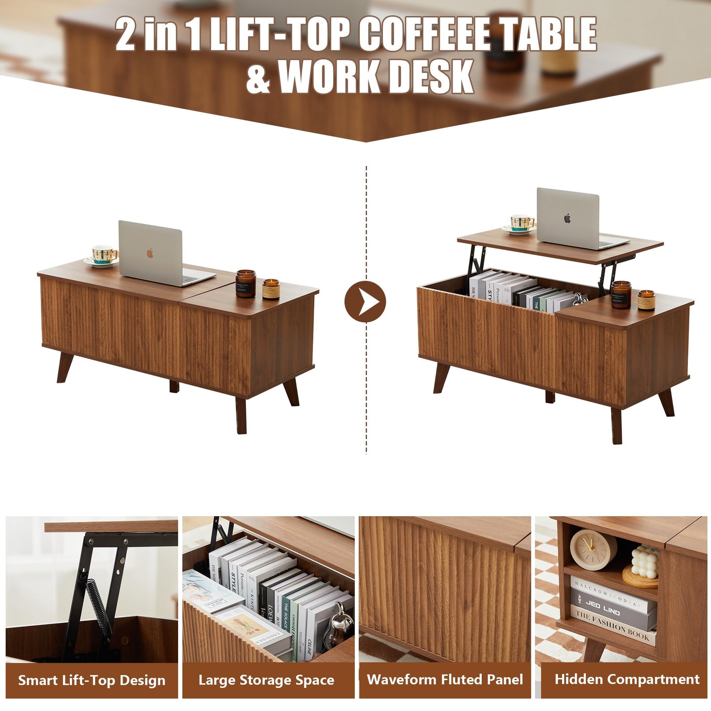 Wooden Fluted Lift Top Coffee Table with Hidden Compartment, Modern Rectangle Center Tables with Adjustable Storage Shelf, Lift Tabletop Dining Table for Home Living Room Office(Walnut)