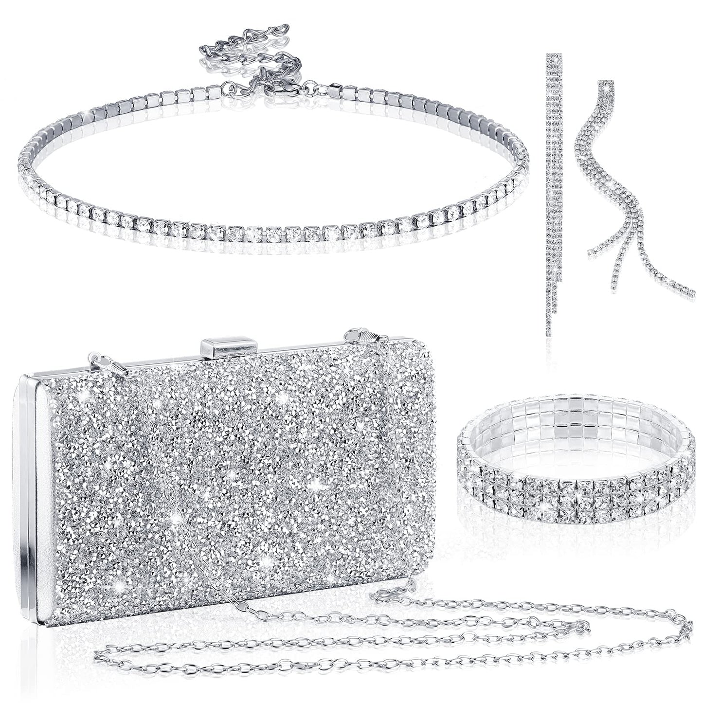 Kigeli 4 Pieces Women Rhinestone Evening Clutch Bag Bling Earring Necklace Bracelet for Wedding Formal(Silver)