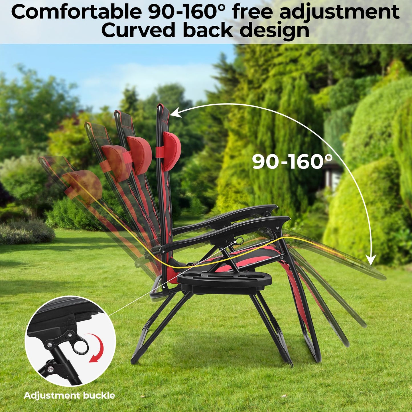 TLSUNNY Oversized Padded Zero Gravity Chair Set of 2, Folding Outdoor Patio Recliner, 24.2" Wide Seat Lounger W/Detachable Pillow & Holder Tray, Patio Furniture for Garden, 350LBS (Black/Burgundy)