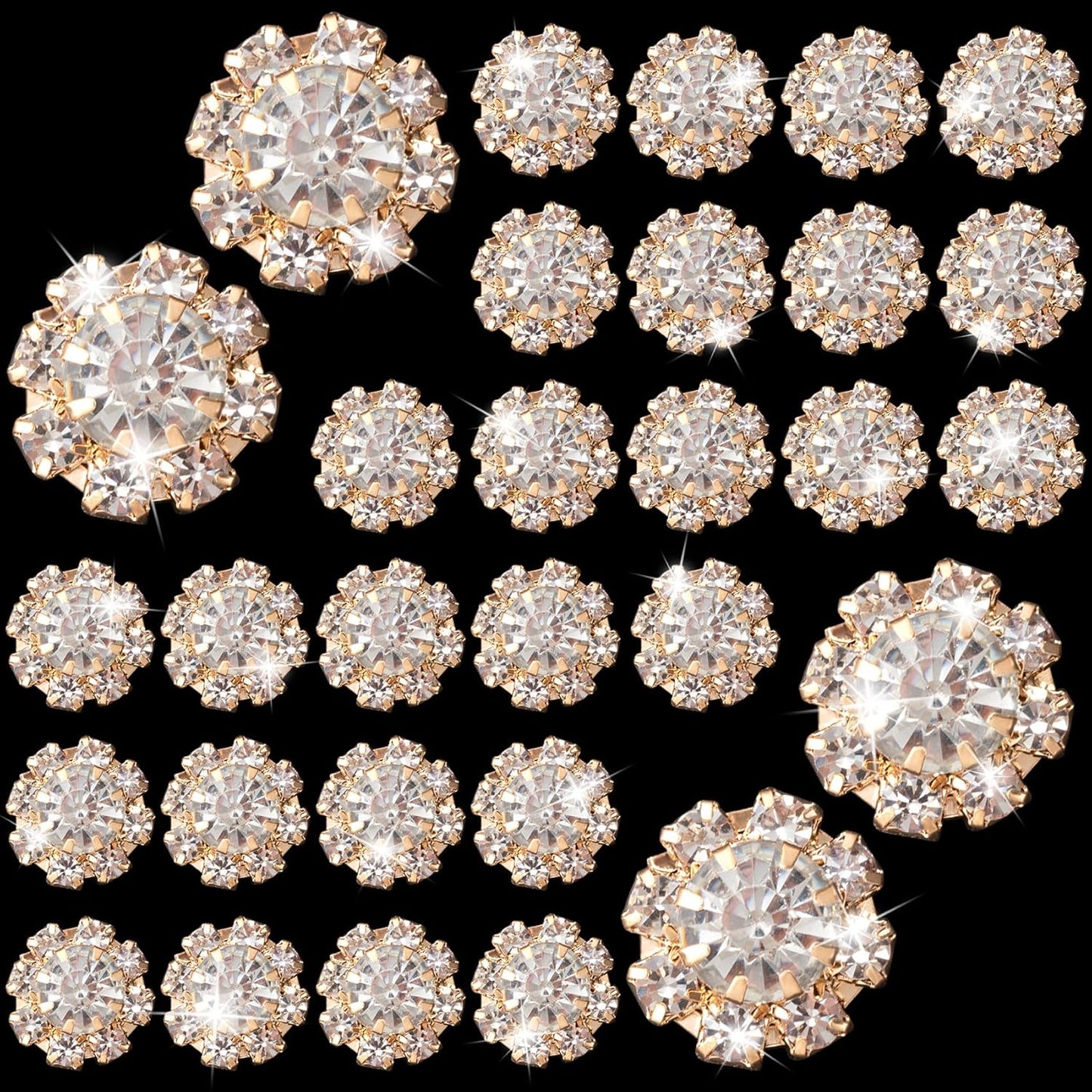 30pcs 12mm Rhinestone Buttons for Craft, Flatback Wedding Crystal Embellishments, Flower Decorative Button Accessories for Jewelry Making Clothes Bags Shoes Bouquet Decoration- Gold