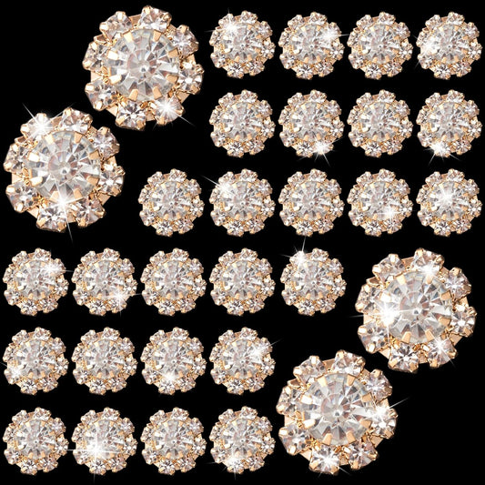 30pcs 12mm Rhinestone Buttons for Craft, Flatback Wedding Crystal Embellishments, Flower Decorative Button Accessories for Jewelry Making Clothes Bags Shoes Bouquet Decoration- Gold