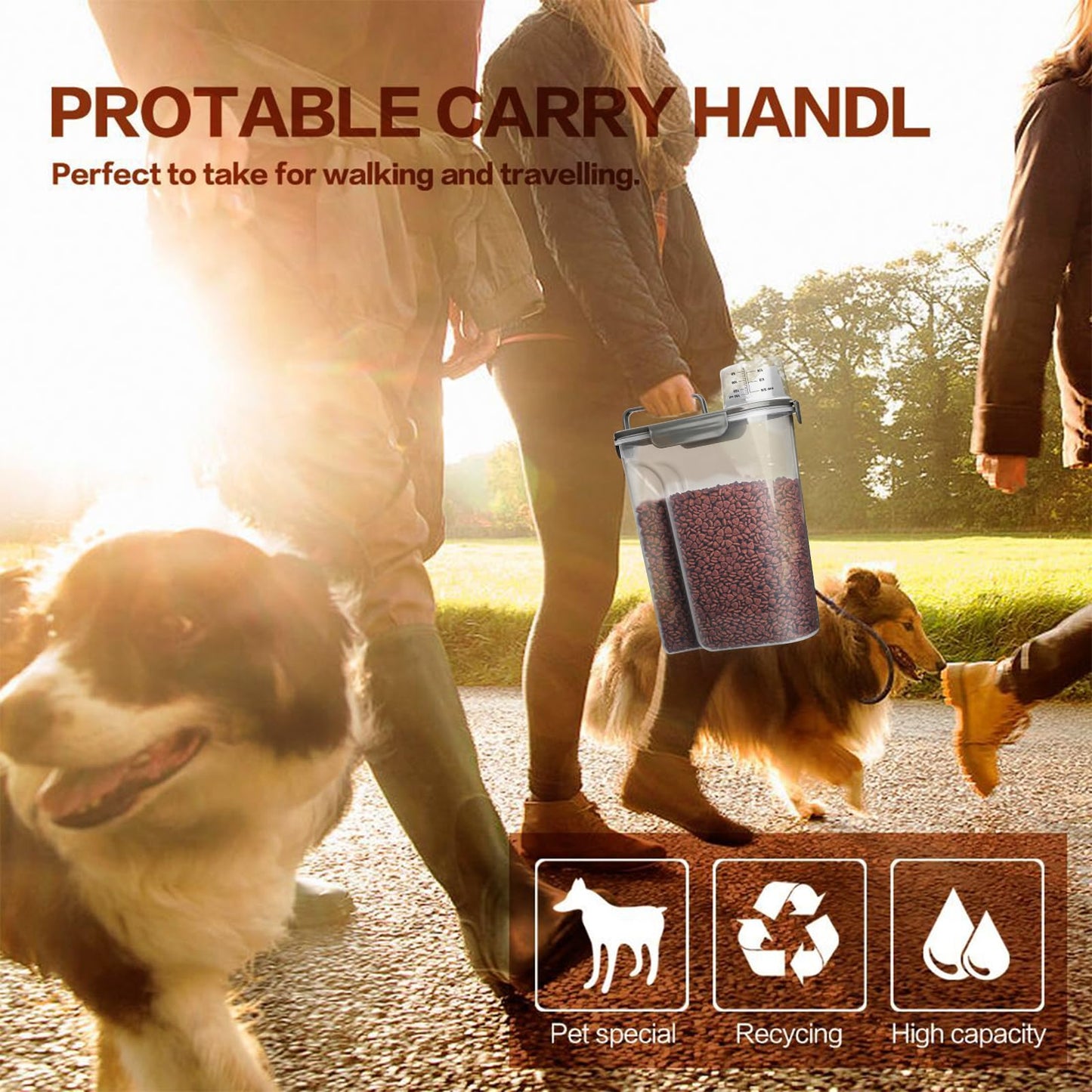 TIOVERY Dog Food Storage Container, 5-7 Lbs Airtight Pet Food Container, Cat Food Container Dispenser Plastic Bin with Pouring Spout, Portable Handle and a Collapsible bowl for Dogs Cats Grey/6Qt