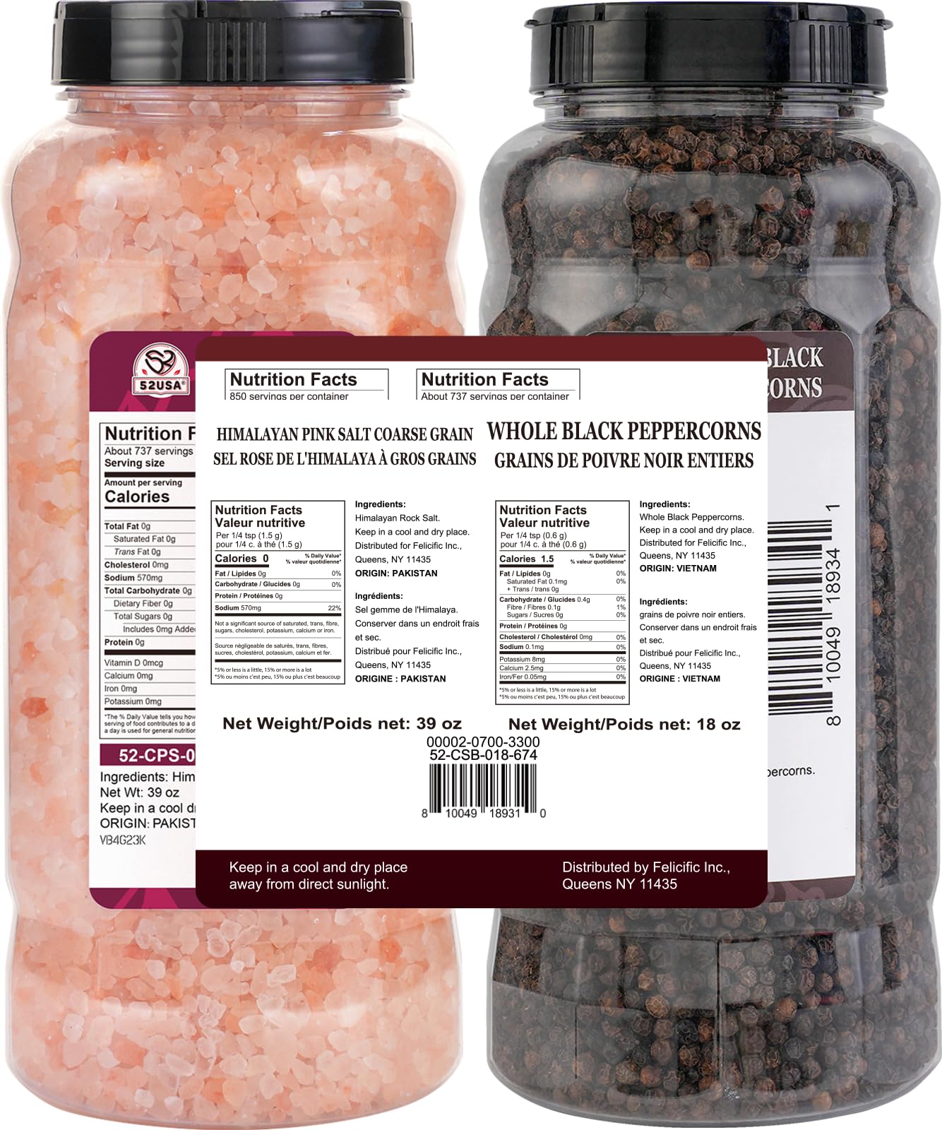 52USA Whole Black Peppercorns 18 oz + Himalayan Pink Salt (Coarse Grain) 39 oz, Salt and Pepper Grinder, Black Peppercorn Refil, Kosher Salt for Grinder Refill, Pink Himalayan Sea Salt, 2 Piece Set