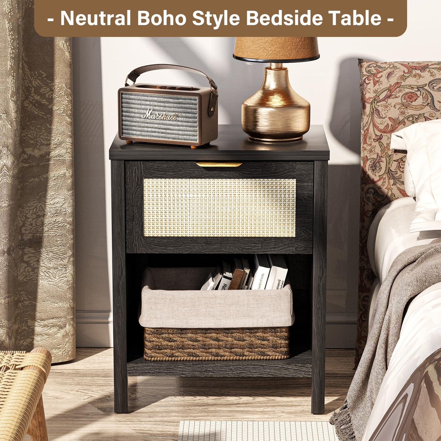 DEMEGA Rattan Nightstand Set of 2 Black Night Stand Bedside Table with Drawer and Storage Shelf Boho Side Table for Bedroom End Tables