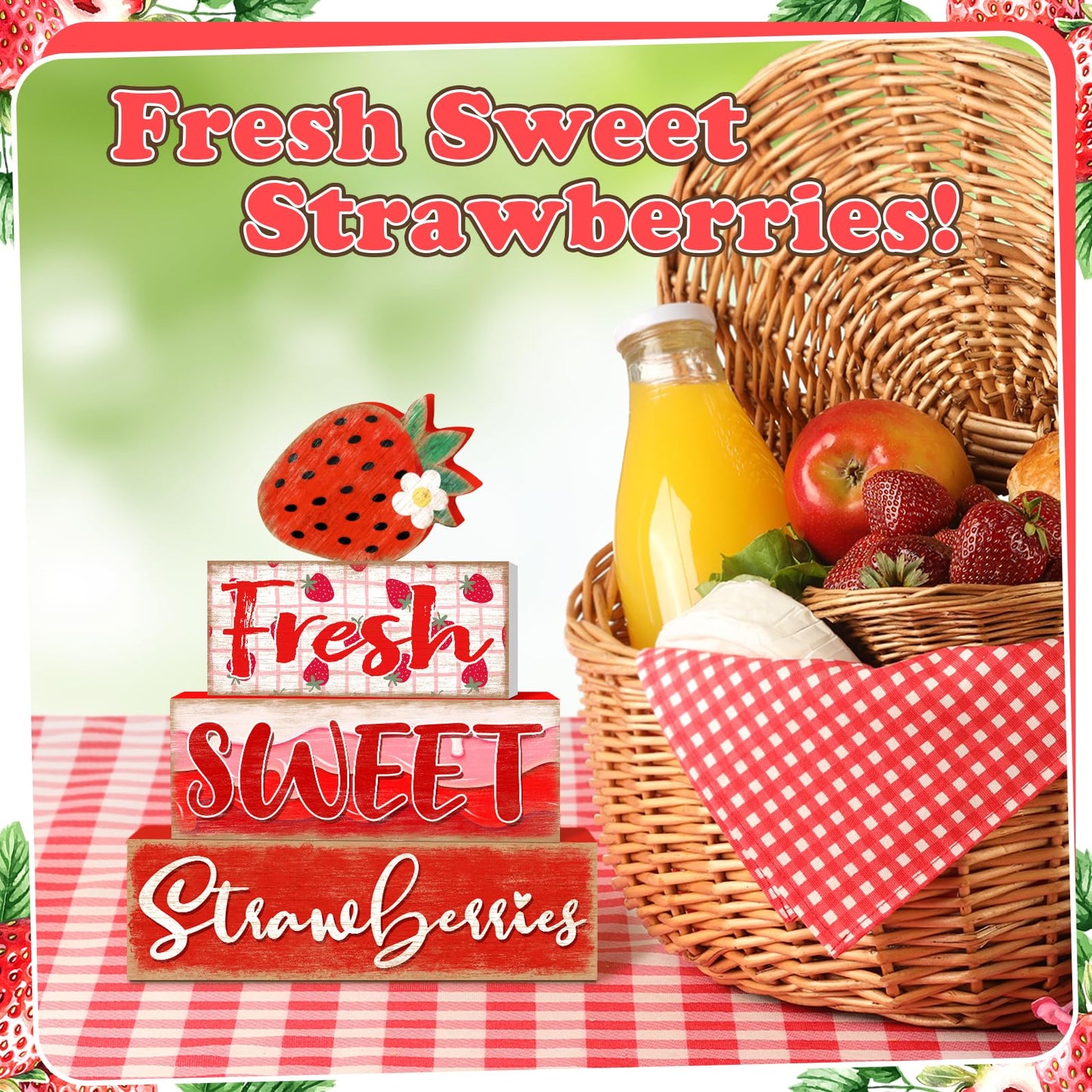 Britimes 4 Pcs Strawberry Decor Summer Wooden Tiered Tray Set, Strawberry Table Décor Farmhouse Rustic Wooden Coffee Table Centerpieces for Home kitchen Office Decorations (Strawberry Style)