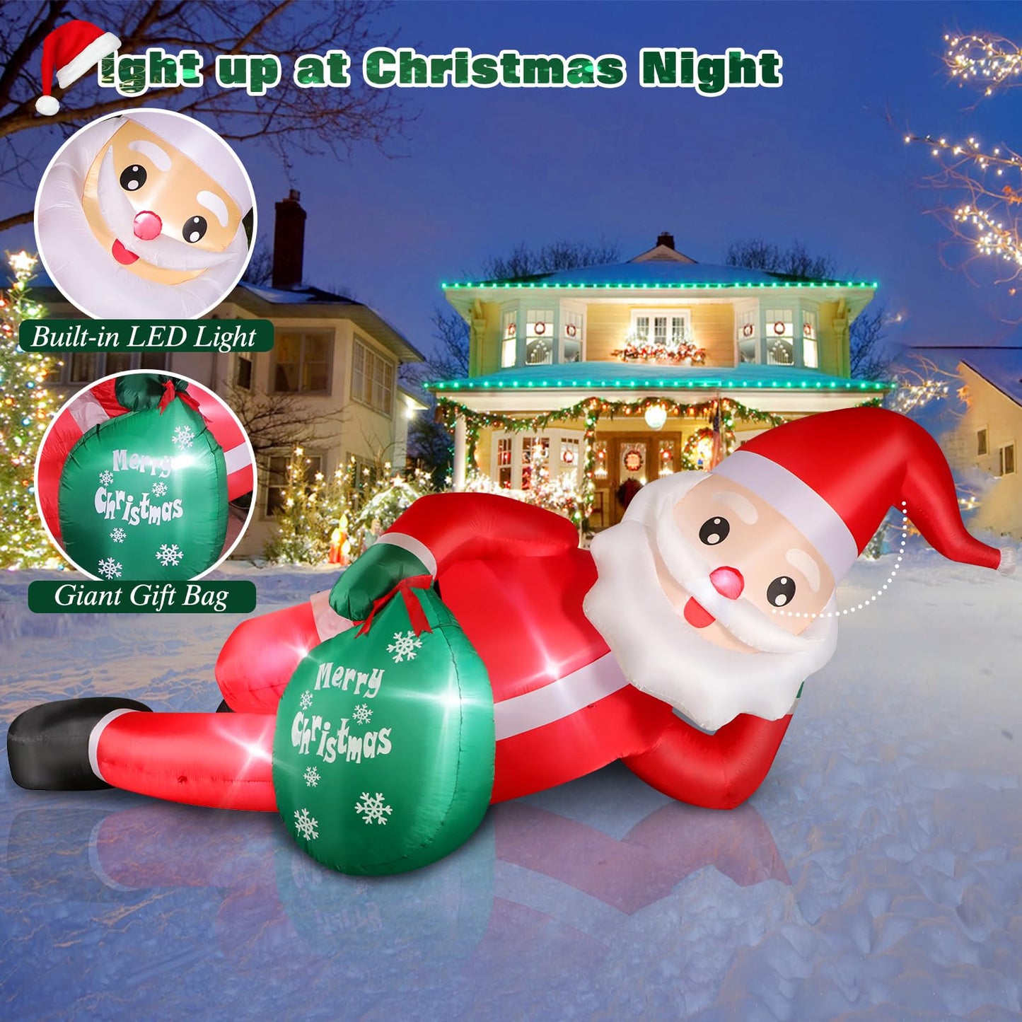 12 FT Giant Christmas Inflatables Santa Claus Outdoor Decorations, Huge Blow up Lying Santa Claus with Gift Bag Yard Decor, Built-in Brilliant LED Lights for Yard Lawn Garden Holiday Party