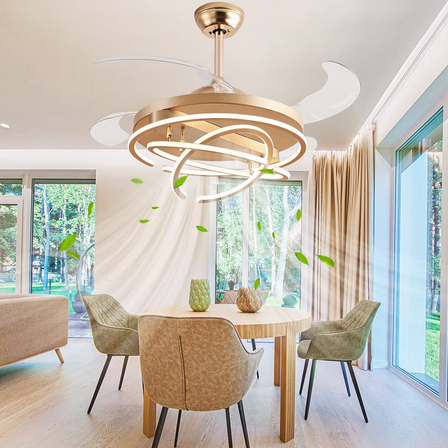 LWestine 42" Retractable Ceiling Fans with Lights Remote Control, Modern Ceiling Fan Rings LED Chandeliers, Invisible Ceiling Fans Fandelier with 4 Reversible Blades, 6 Speed Wind, Gold