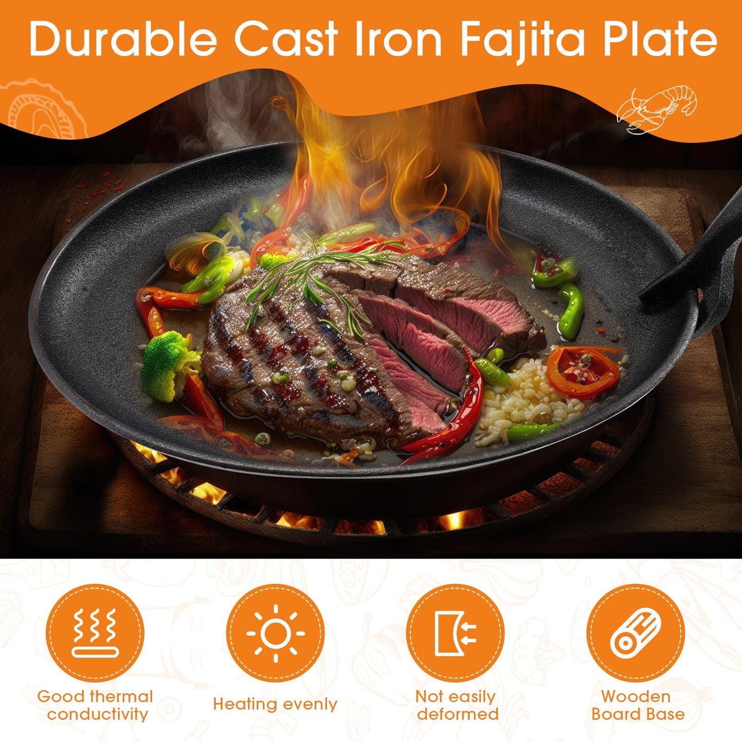 FoldTier 12 Sets Cast Iron Skillet Set 10.63'' x 6.89'' Fajita Plate Sizzling Pan with Wooden Base Anti Scald Protection Removable Handle for Restaurant Kitchen Cooking Accessory BBQ Party