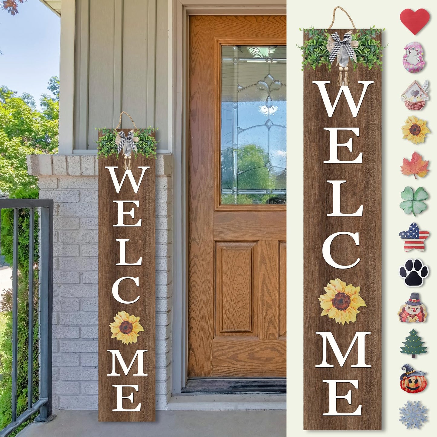 Interchangeable Welcome Sign for Front Porch Standing 47"X8" Outdoor Large Wood Frame with 12 Pcs Designed Icons Leaner Vertical Tall Outside Welcome Sign for Front Door Decor (Wood)