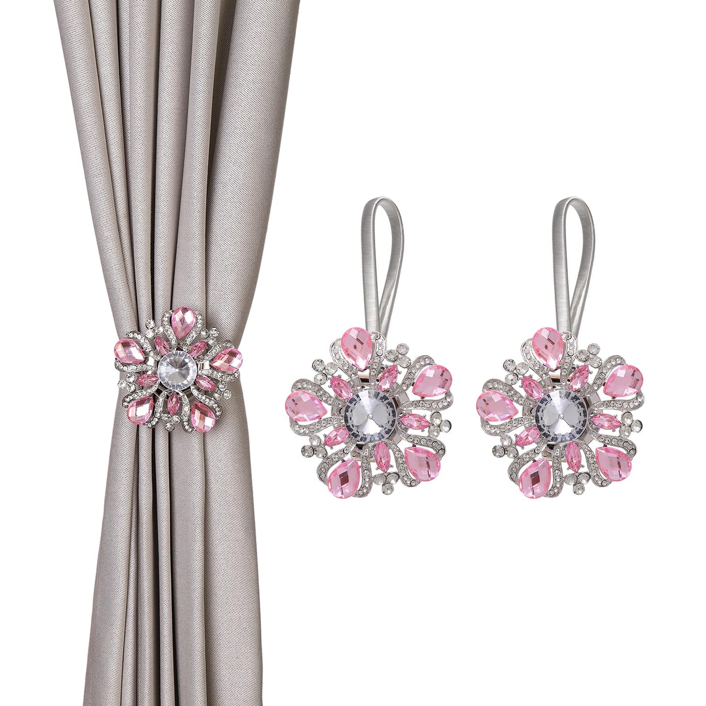 SUQ I OME Luxury Big Crystal Magnetic Curtain Tieback and Holdback Flower Curtain Clips Buckle Curtain Holder for Home Office Decoration (Silver A,2PCS)