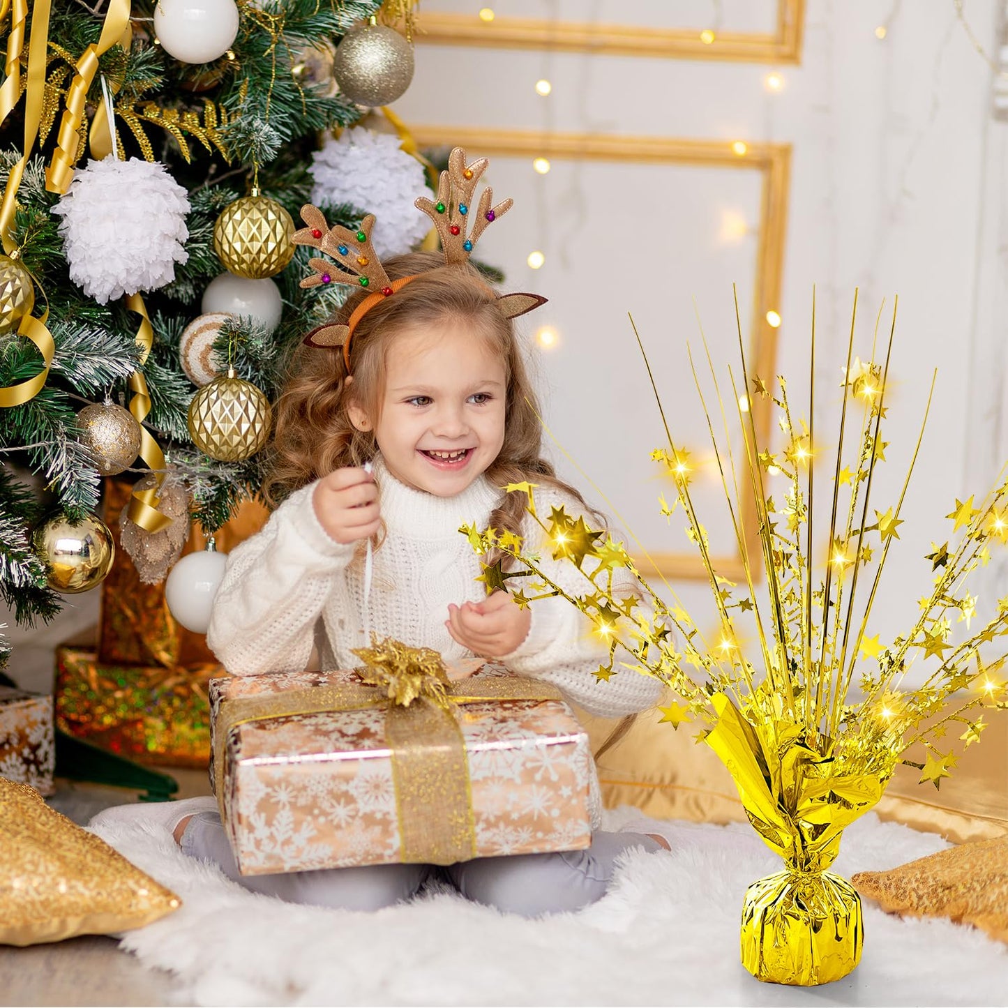 12 Pack Metallic Foil Spray Centerpiece with LED String Lights Star Table Decoration Burst Table Centerpieces for Birthday Graduation Wedding Anniversary Holiday Party Supplies Decor, Gold