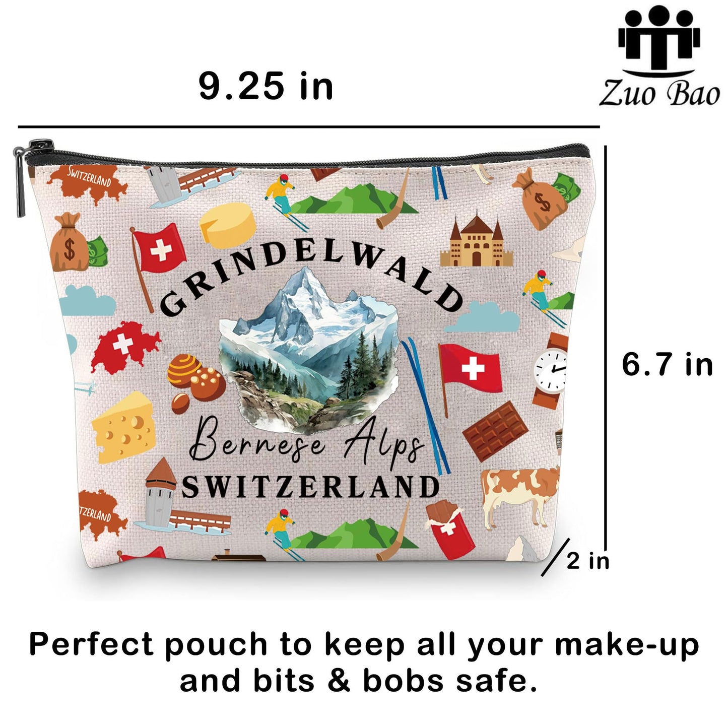 Zuo Bao Switzerland Cosmetic Bag Travel To Switzerland Gift Swiss Flags Suisse Vacation Toiletry Bag Swiss Alps Makeup Bag Travel In Europe Gift (GRINDELWALD)