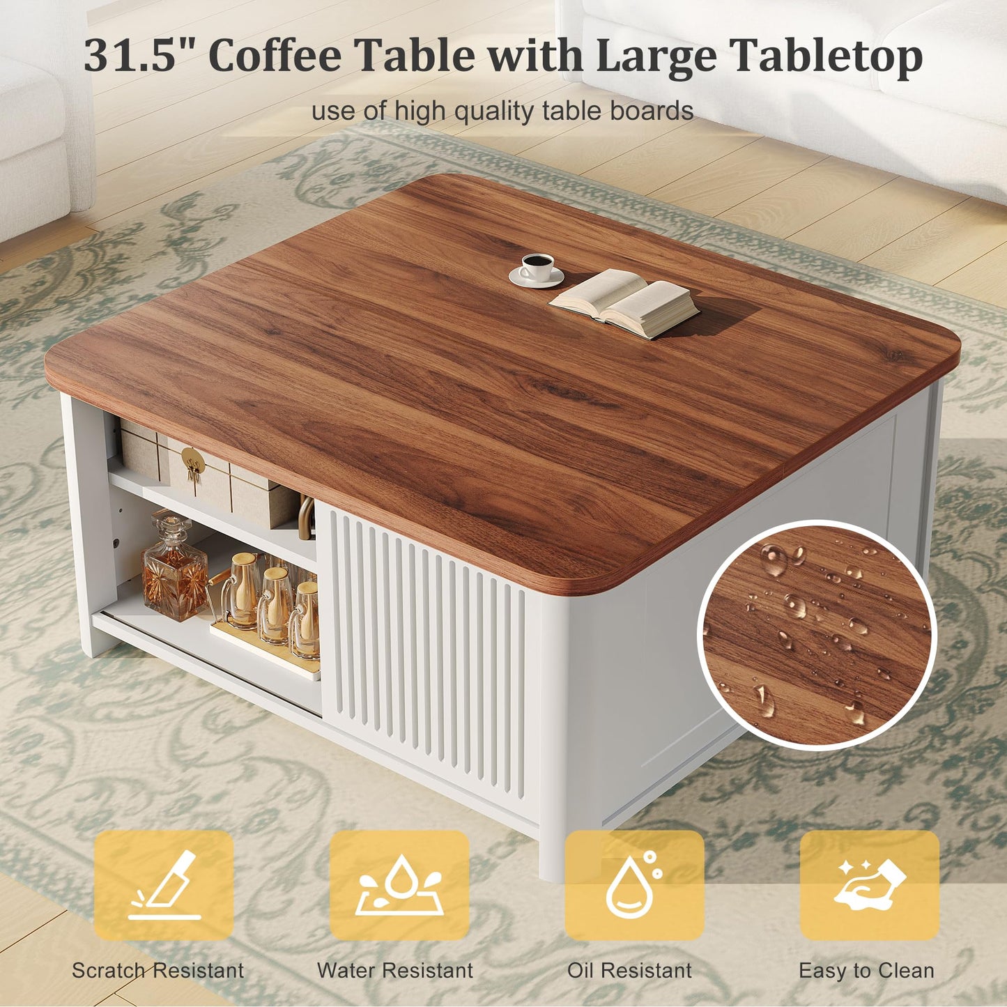 Decofy Lift Top Coffee Table with Storage, 31.5" Mid Century Modern Square Coffee Tables for Living Room, Large Hidden Storage Compartment, Adjustable Shelves & Sliding Door, White