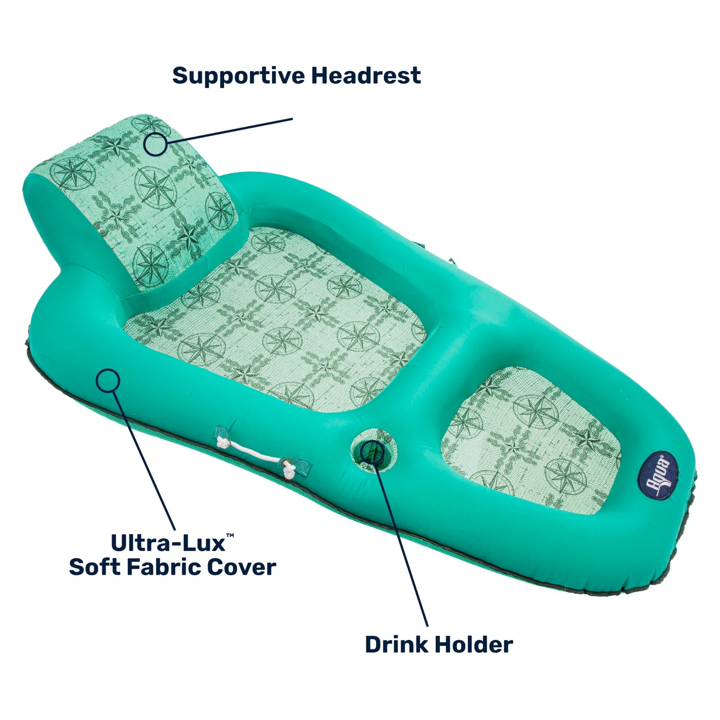 Aqua Luxury Water Pool Lounge, Extra Large, Inflatable Pool Floats for Adults with Headrest, Backrest, Footrest and Cupholder, Teal Compass
