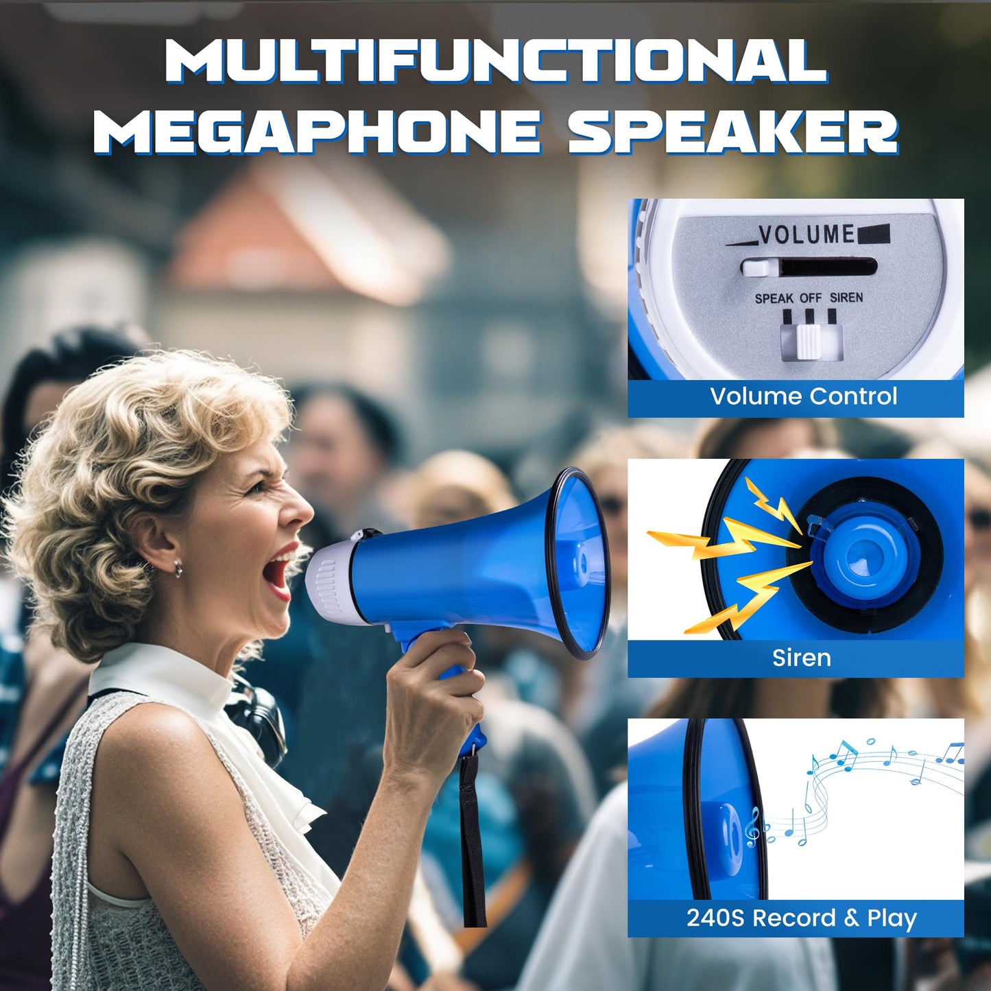MyMealivos Portable Megaphone Bullhorn 20 Watt Power Megaphone Speaker Voice and Siren/Alarm Modes with Volume Control and Strap (White&Blue)